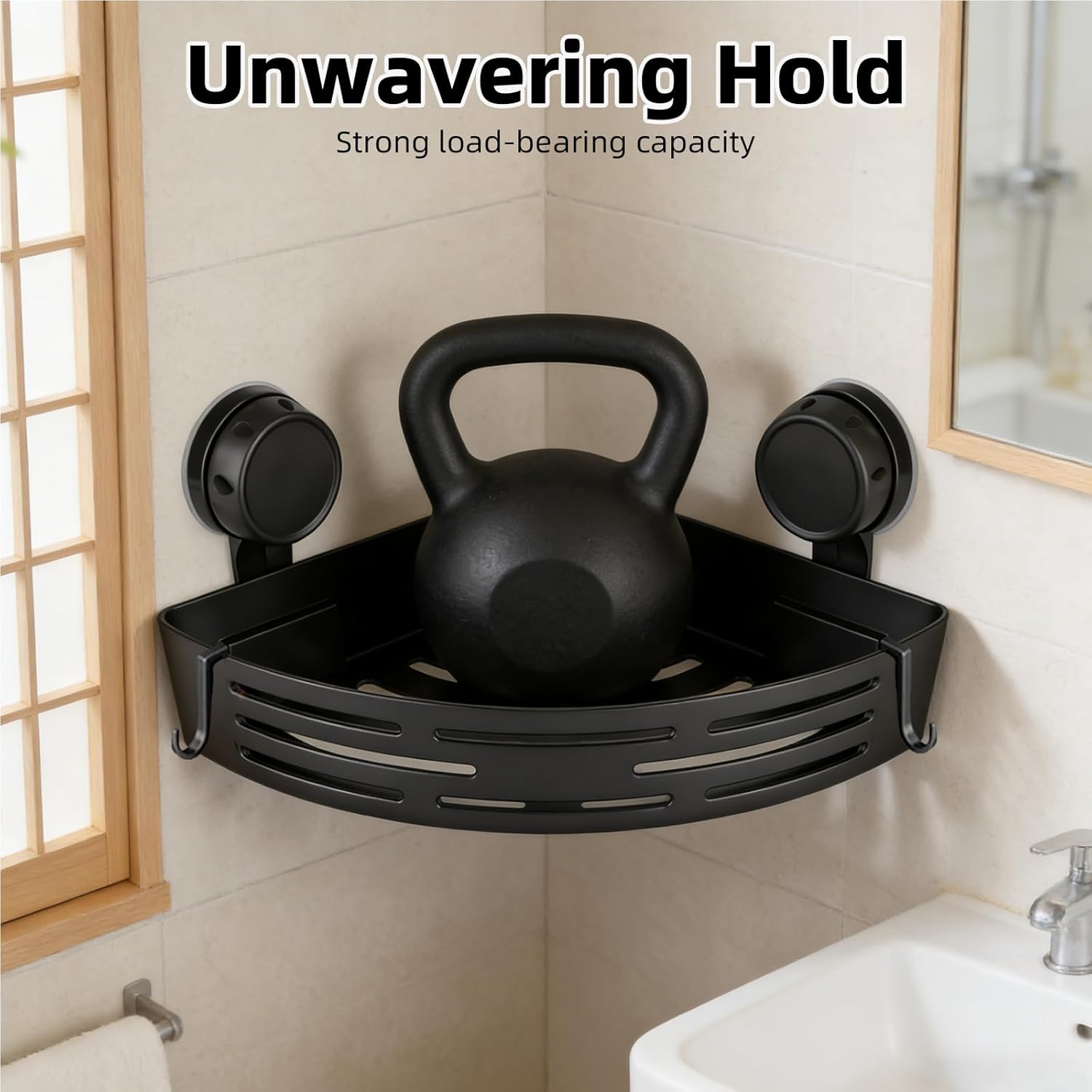 Corner Shower Caddy 3-Pack, No Drilling Adhesive Bathroom Shelf with Towel Bar & Hooks, Triangle Storage Organizer for Bathroom Kitchen RV, Fast Draining & Heavy Duty (Black)