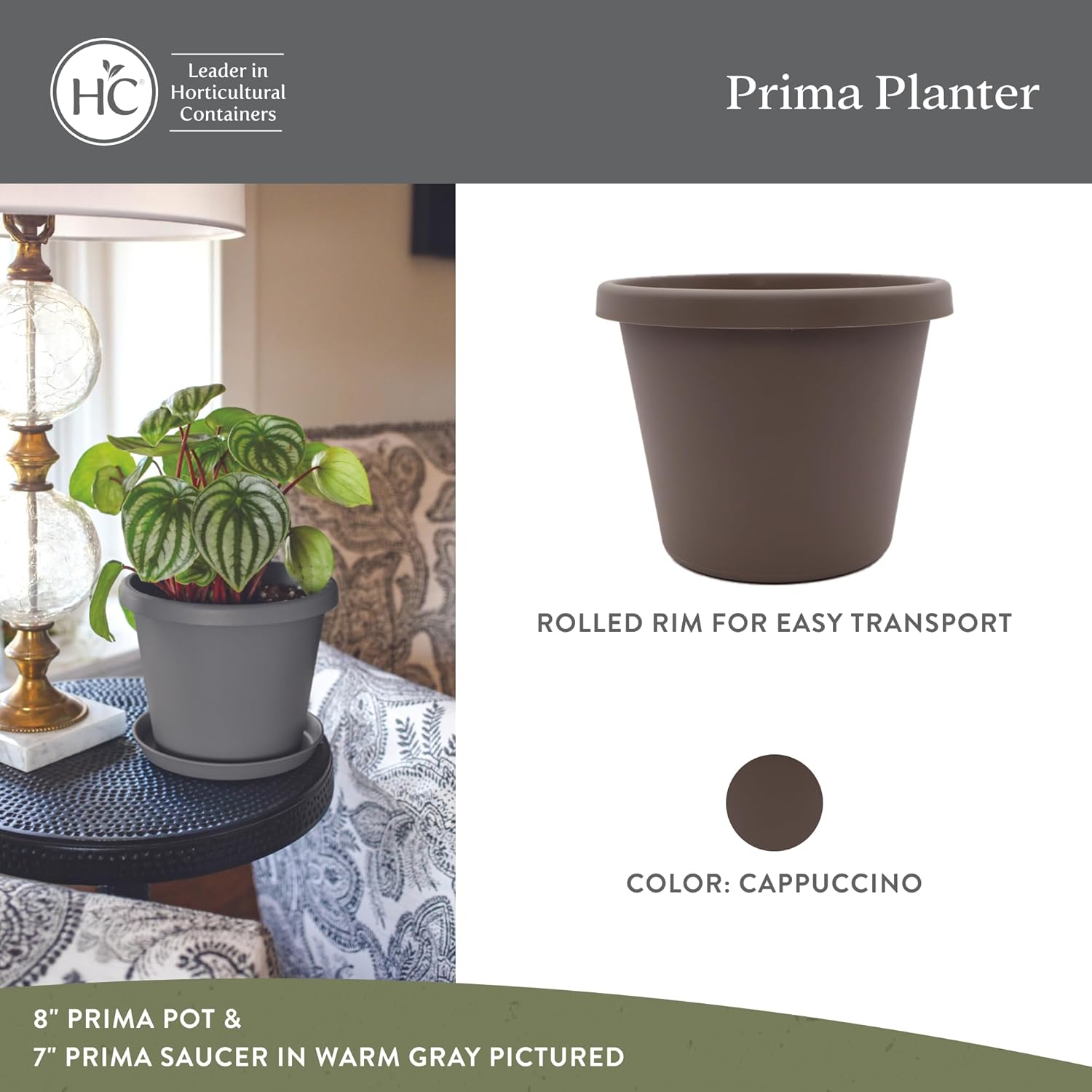 The HC Companies 12 Inch Prima Round Planter Pots with Drainage Holes and Rolled Rim, Lightweight UV-Resistant Plastic Indoor & Outdoor Planters, 2-Pack Flower Pots for Garden & Home Decor, Cappuccino