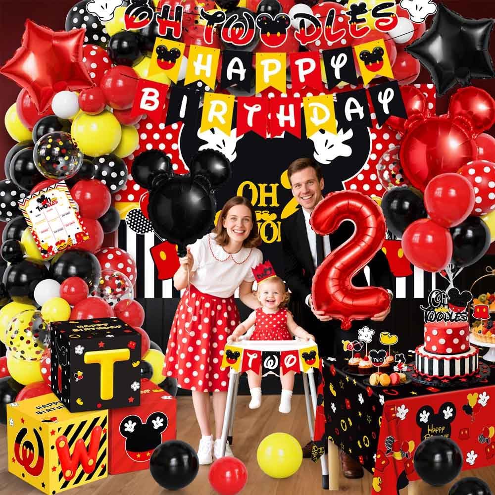 Mouse 2nd Birthday Party Decorations 143Pcs Oh Twodles Birthday Decorations Backdrop Balloons Arch Box High Chair Banner Bday Party Idea for Baby Boys|Girls