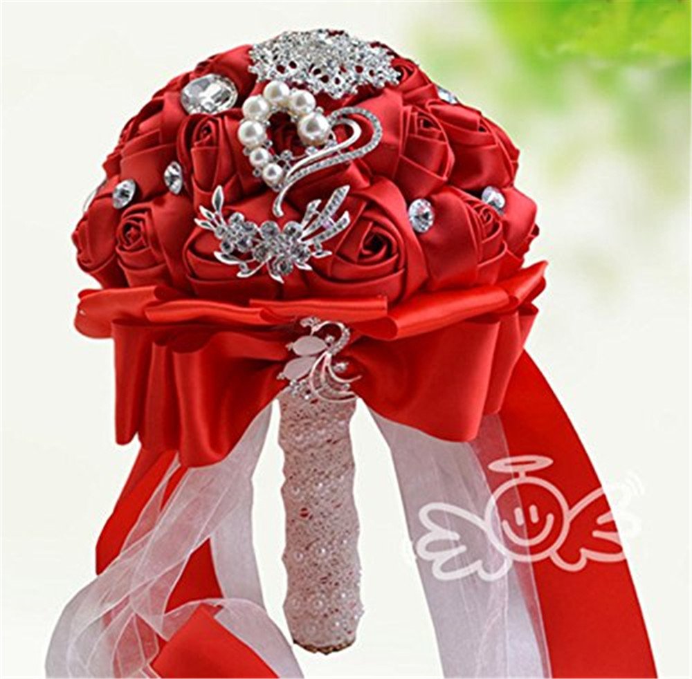 Handgefertigter Roter Brautstrauß Mit Goldener Strass-Brosche & Perlen - Satinrosen Für Hochzeit & Quinceanera, 18 Cm Durchmesser