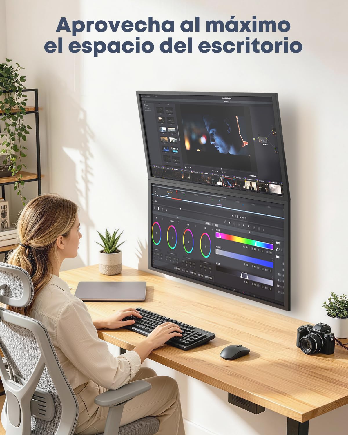 PUTORSEN Soporte de Pared para 2 monitores de 17 a 49 Pulgadas, Pantallas Planas y Curvas, 20 kg por Brazo, Soporte de Pared para monitores con Altura Regulable, VESA 75/100 mm, Negro