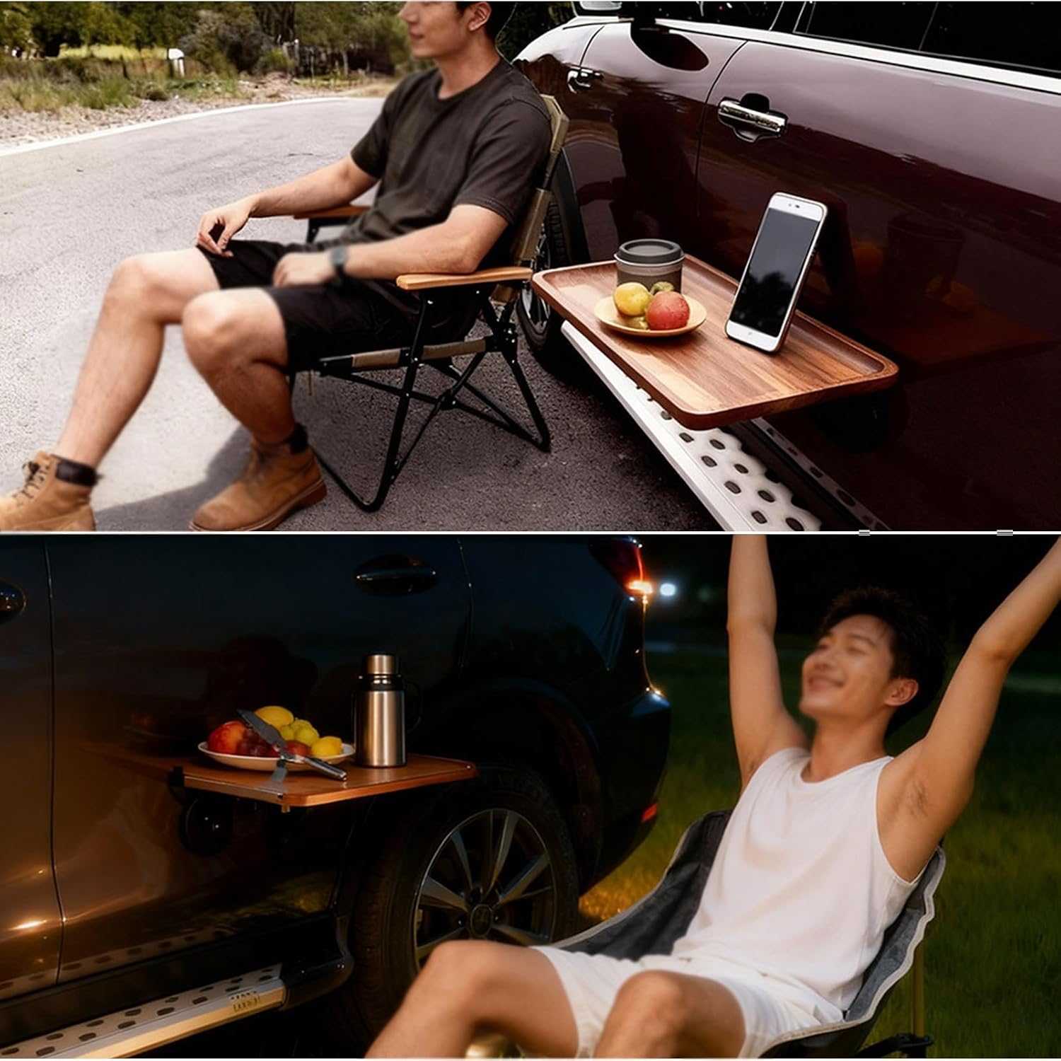 Foldable Car Side Mounted Table, Solid Wood Tabletop with Adjustable Buckles, Space Saving Portable Folding Table for RV, Camping, Travel and Outdoor Activities(Yellow)