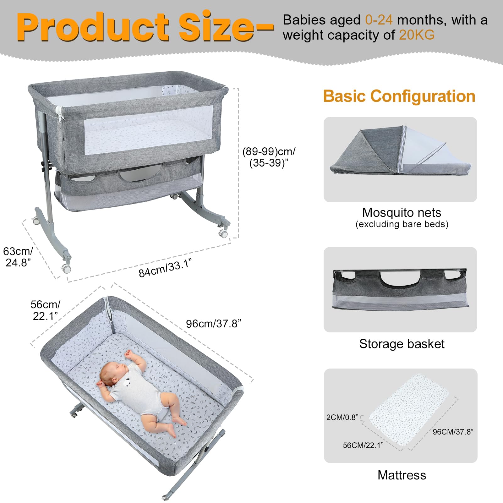 Baby Bedside Crib Baby Crib with with Wheels, Storage, Mosquito Net and Matress Included, Height Adjustable Baby Bassinet (Grey 3) — view 8