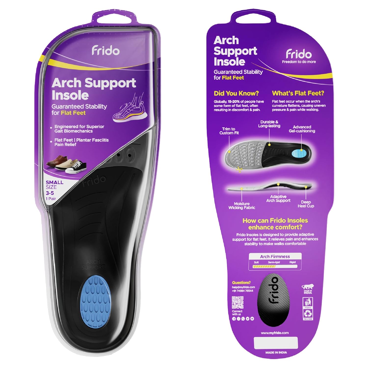 Frido Semi Rigid Arch Support Insole for Flat Feet, Relieves Feet Pain