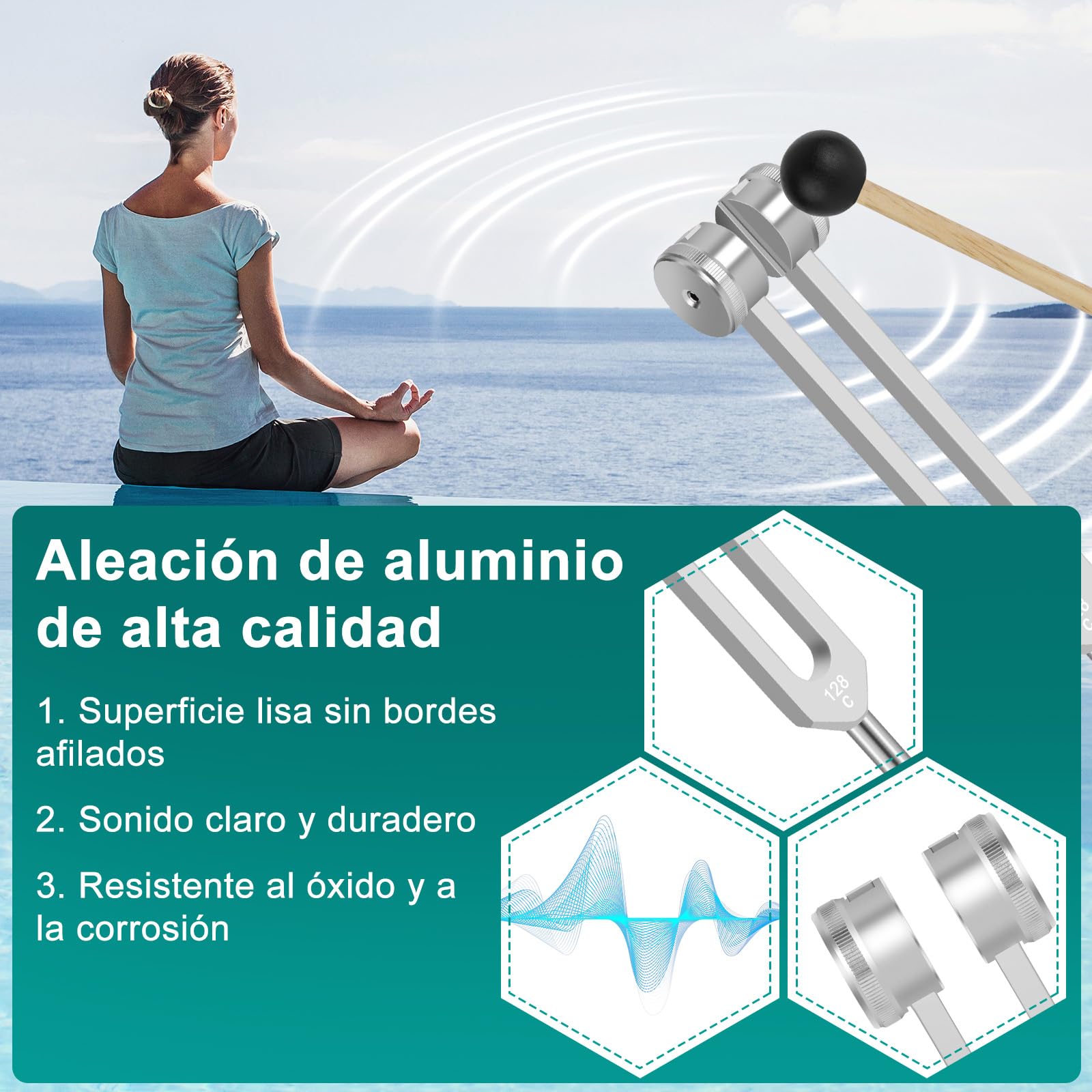 POFIBO Set de Diapasón Terapéutico (128Hz/256Hz/512Hz) – Diapasón Set para Terapia de Frecuencia, Relajación, Yoga y Meditación (con Martillo y Bolsa)