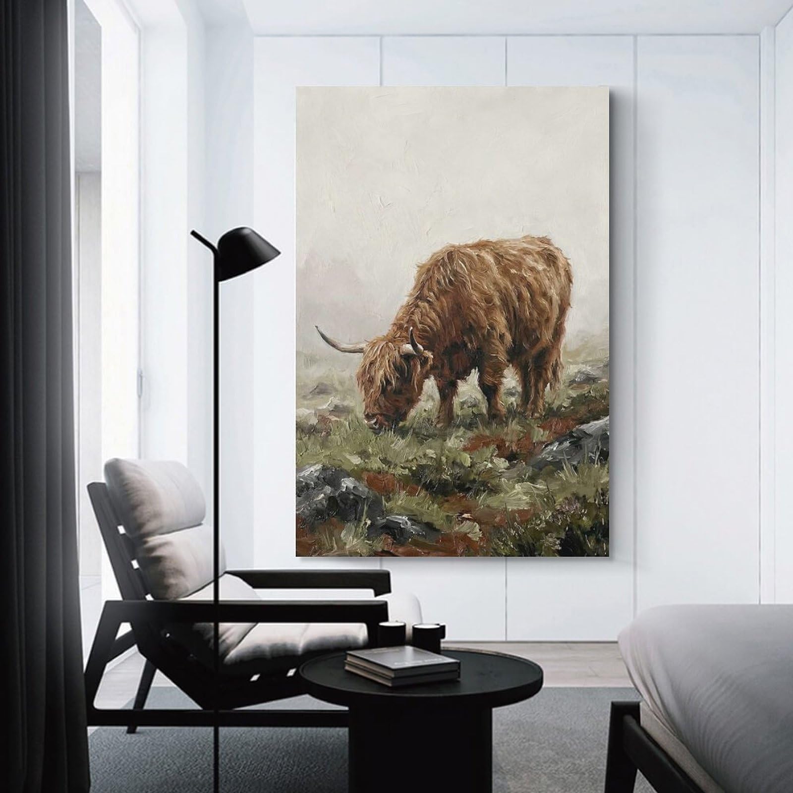 Junmoney Highland Cow Grazing in Misty Landscape Wall Picture Print, 24x36inch(60x90cm), for Apartment Walls, Studios Or Work Areas, Stylish Wall Art for Fresh Spaces