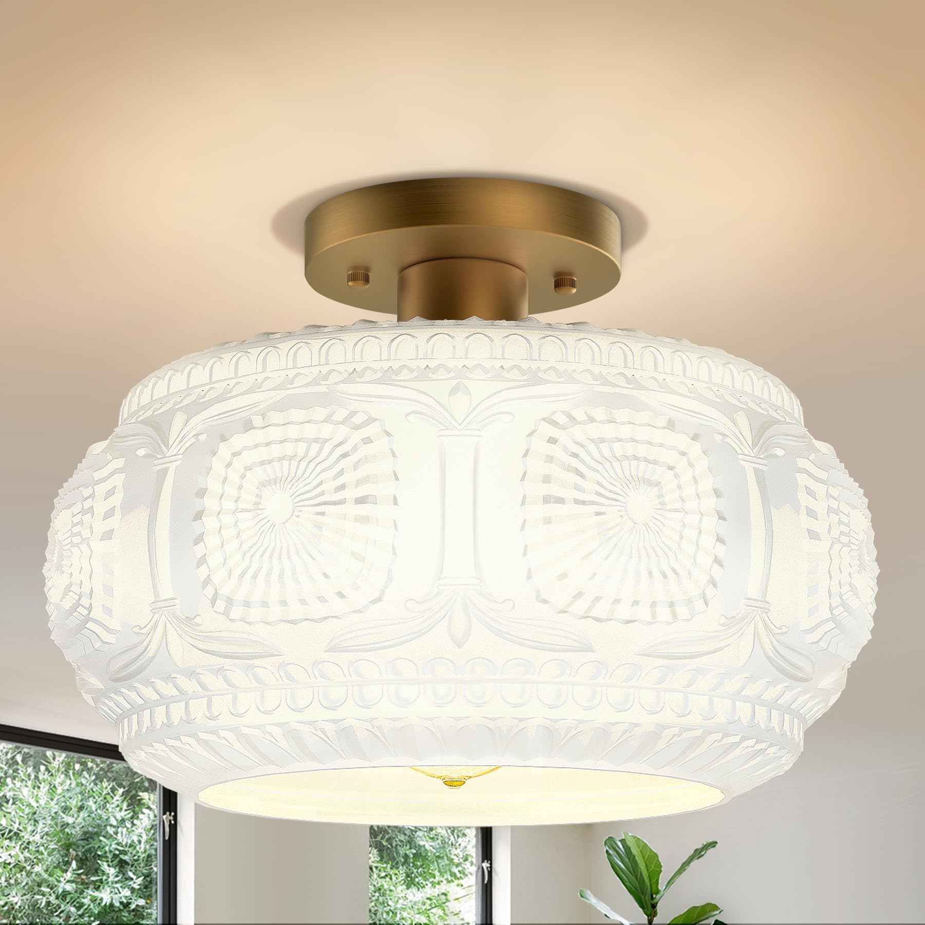 12" Milk Glass Semi Flush Mount Ceiling Light Fixture, Gold Base
