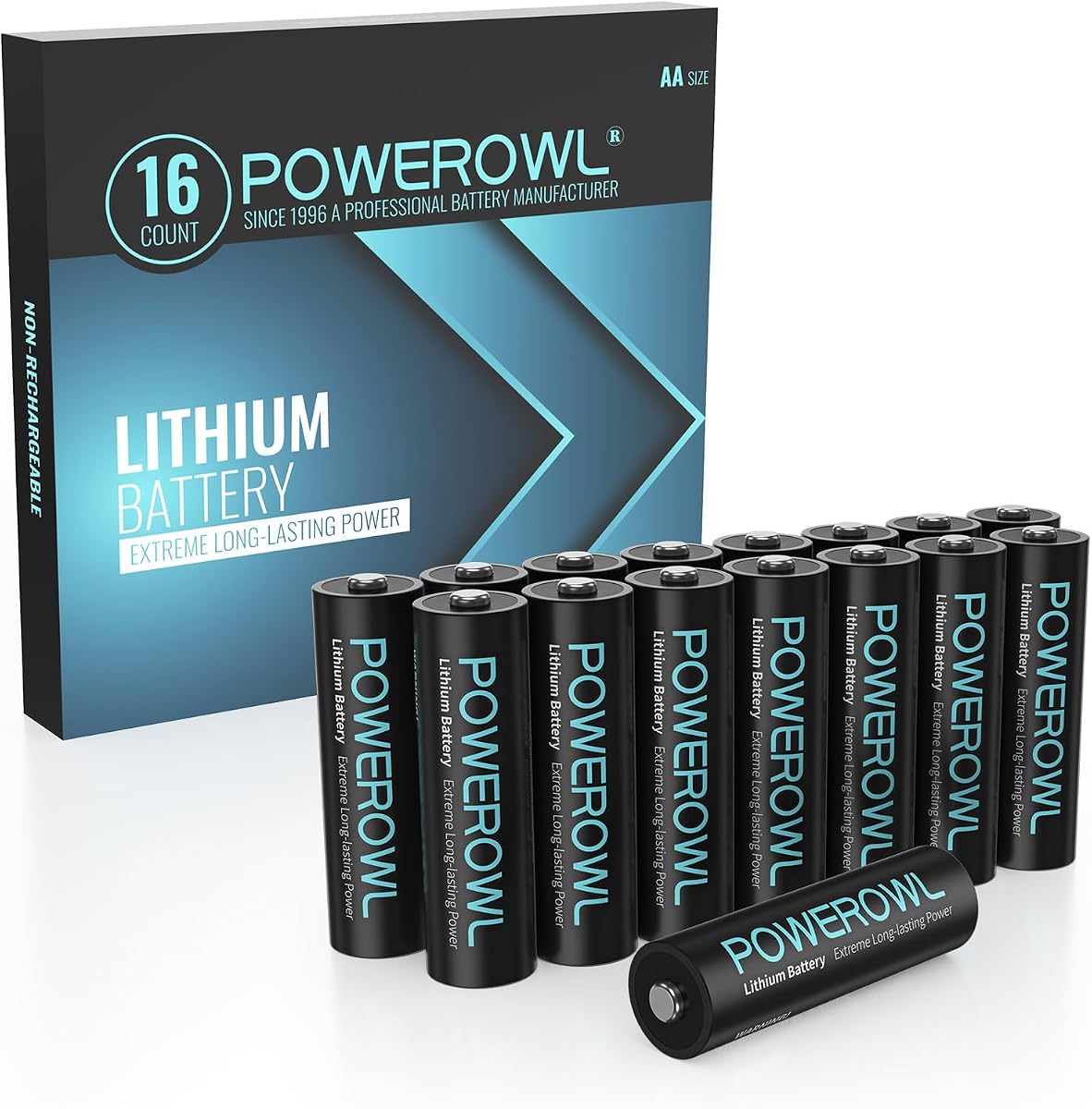 Baterías de litio POWEROWL AA 16 unidades, batería de alta capacidad 1.5V doble A de larga duración para dispositivos de alta tecnología