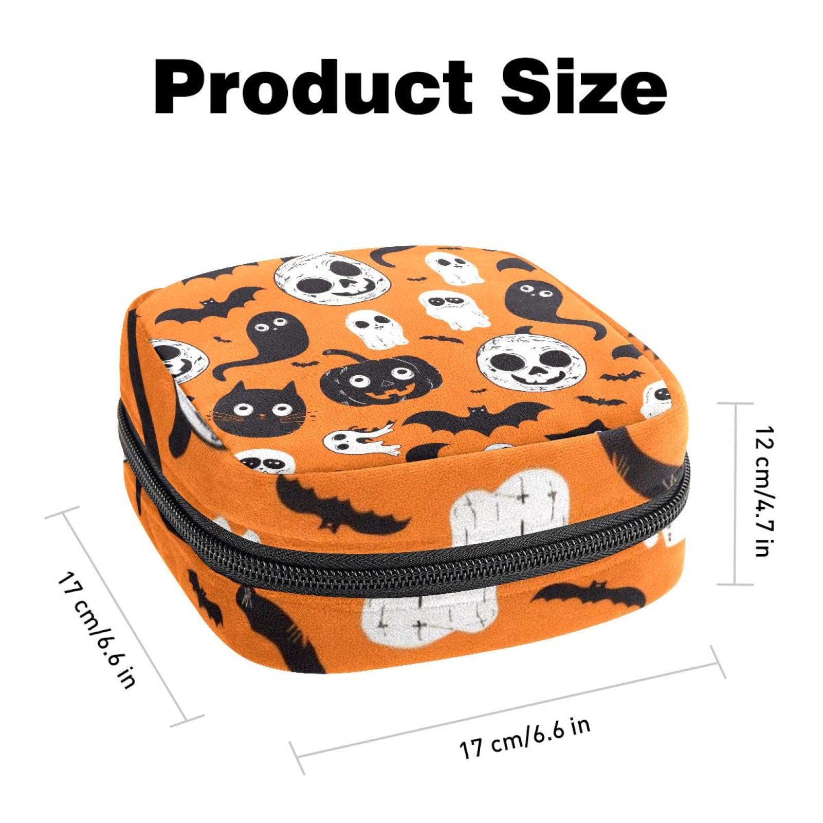 Portable Menstrual Pad Bags, Large Capacity Sanitary Napkin Storage Bag, First Period Kit for Girls Women, Zipper Nursing Pad Holder Halloween Ghost Pumpkin Bat