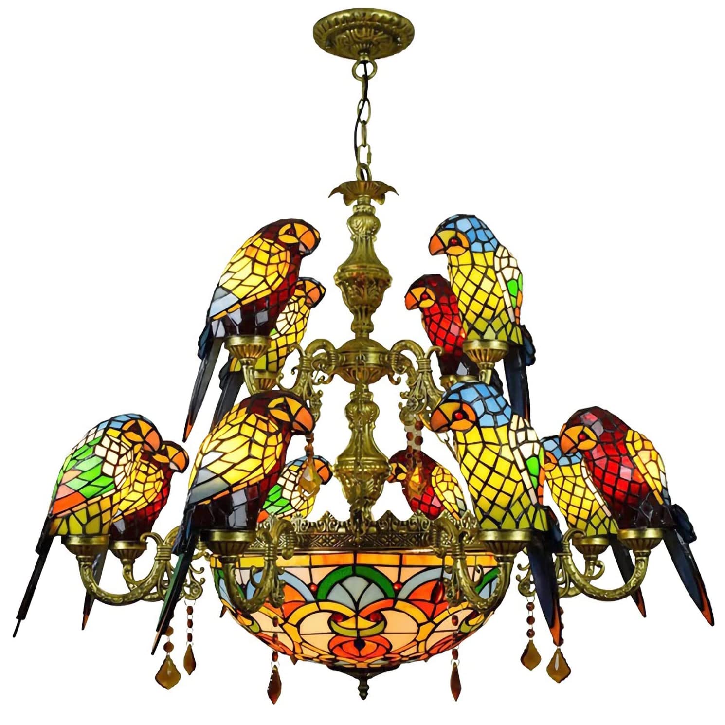 FYZDLAOR 12+1-Light Chandelier,Parrot Handcrafted Stained Glass Lampshade Pendant Light Light Fixtures,Tiffanystyle Stained Glass Hanging Light Wide 34 Inch
