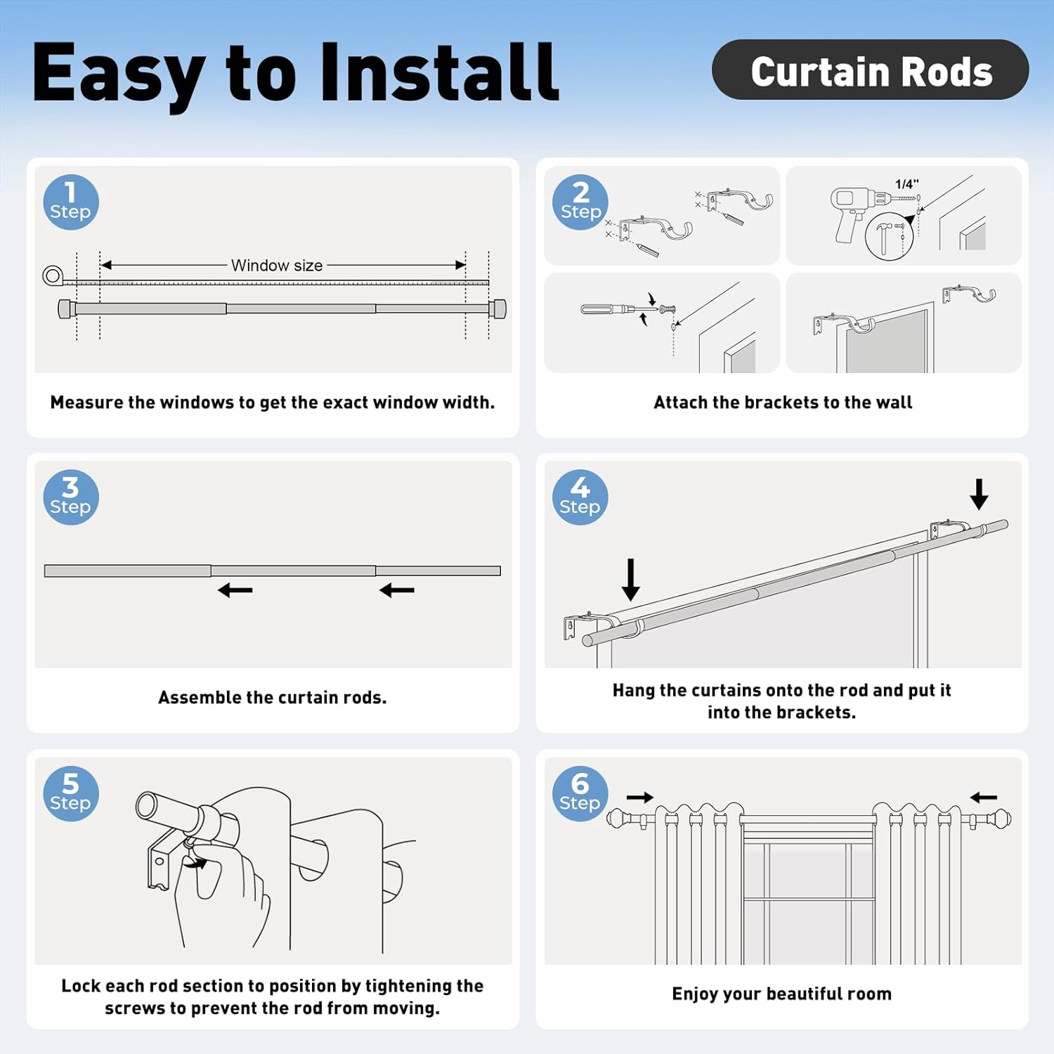 ブラックカーテンロッド、Windows 48~84インチ、1インチ装飾高耐久調節可能カーテンロッド、ランタンボールフィニアル付き、イ