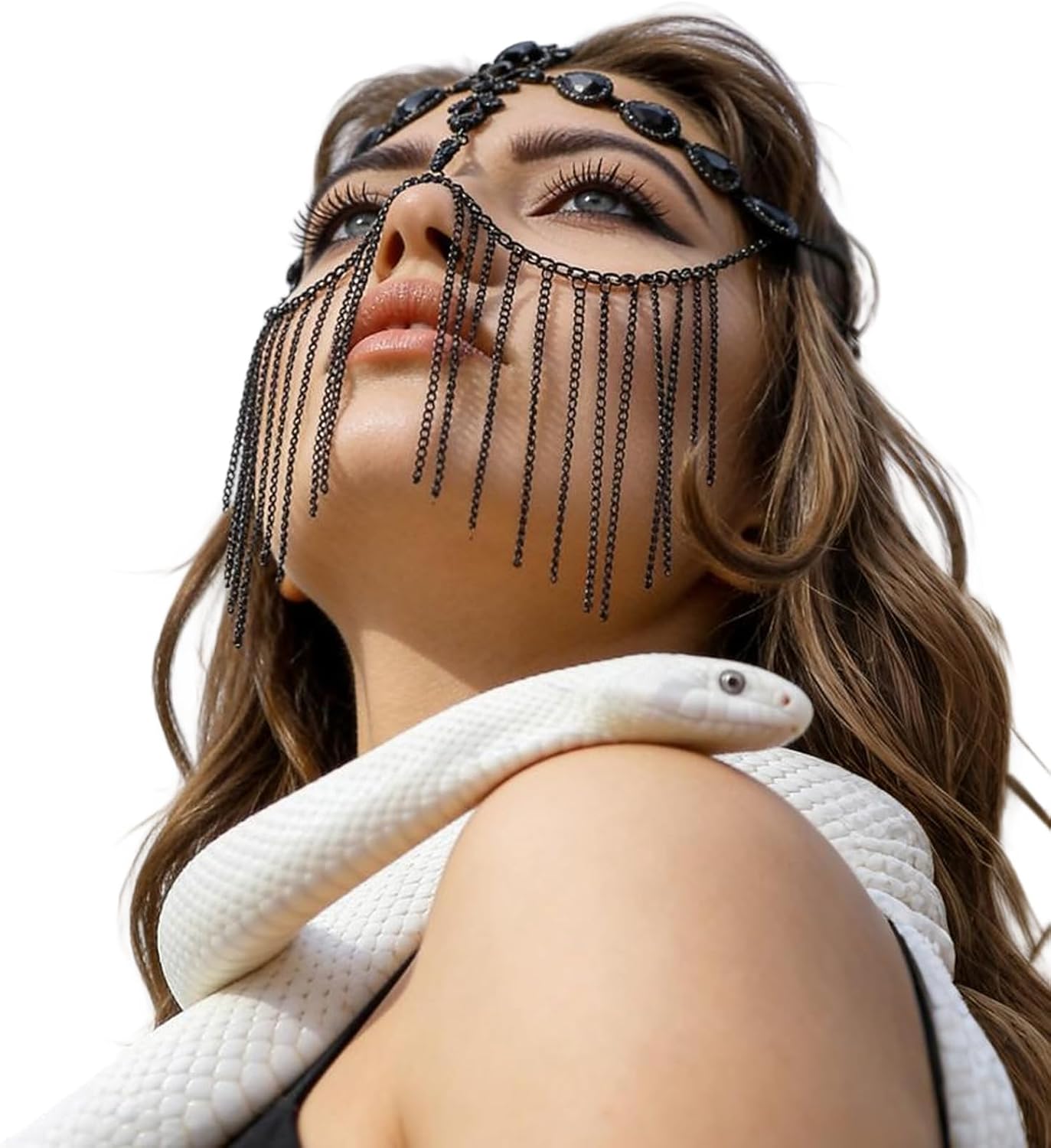Black Rhinestone Tassel Face Chain Mask for Women Masquerade Halloween Crystal Drop Hair Chain Headchain Jewelry Veil Face Accessories Jewelry