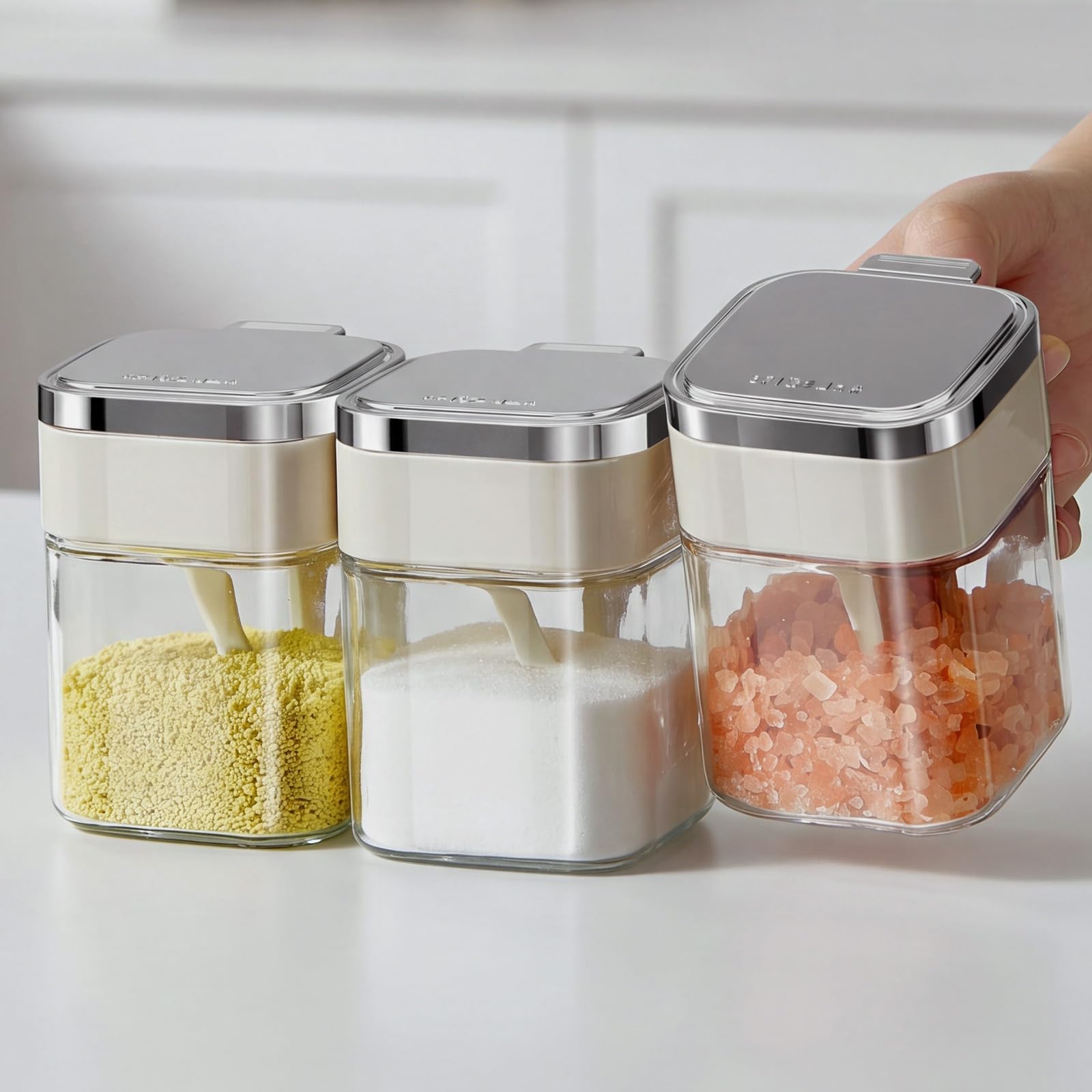 ZASA Condiment Container, Set of 3, 12.8 fl oz (380 ml), Spice Bottle with Spoon, Salt Container, Sugar Container, Sprinkle, Condiment Storage, Spice Container, Kitchen Supplies, Sealed, Seasoning Set of 3 condiment containers