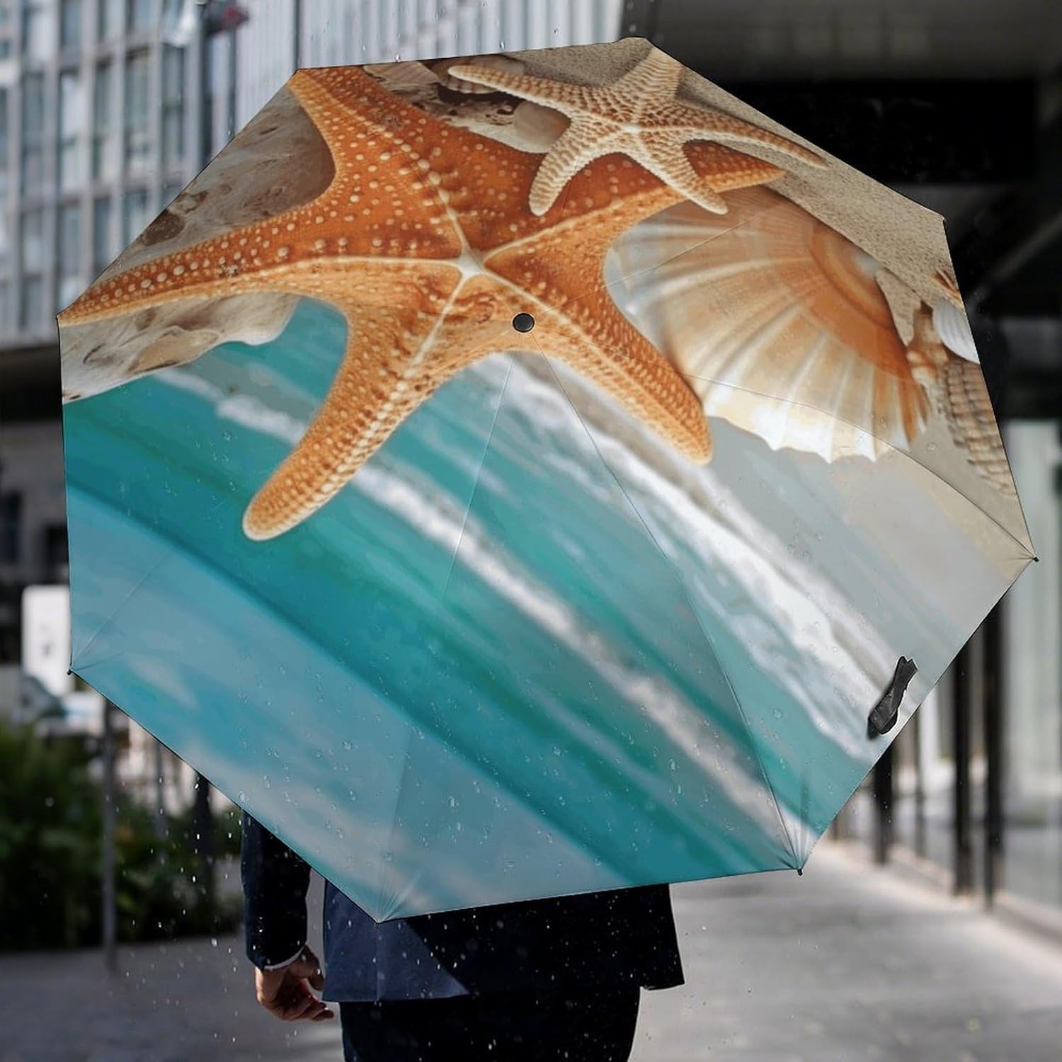 Starfish Seashell Beach Umbrella Extra Large Folding, Travel Umbrella Windproof, Compact, Golf Umbrella With Unique Patterns, Fashionable And Beautiful for Men And Women.