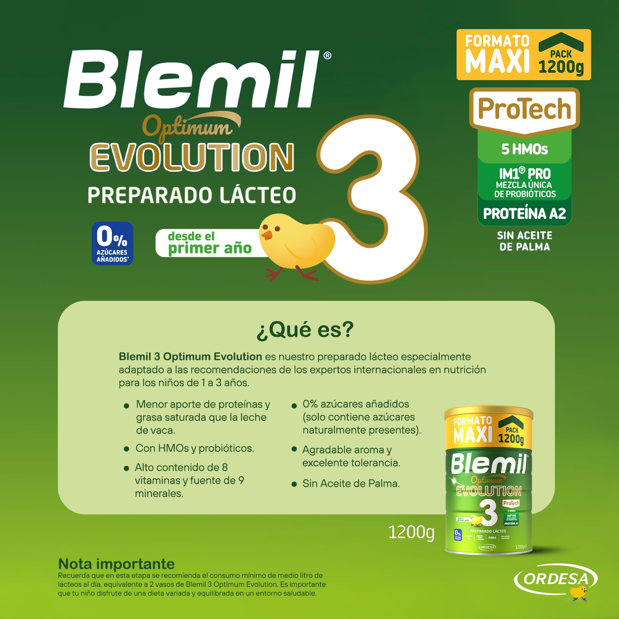 Blemil 3 Optimum Evolution 3PACK | 3 Botes de 1200g | Preparado Lácteo en Polvo para Niños de 1 a 3 años - 0% Azúcares Añadidos, sin Aceite de Palma - Amazon Exclusive