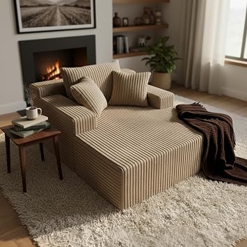 Sytopia 67" Boneless Couch, Boneless Chair, Oversized Chaise Lounge Chair Indoor, Cloud Couch, Chaise Lounge Indoor, Corduroy with Armrests, 3 Pillows, No Assembly, Beige