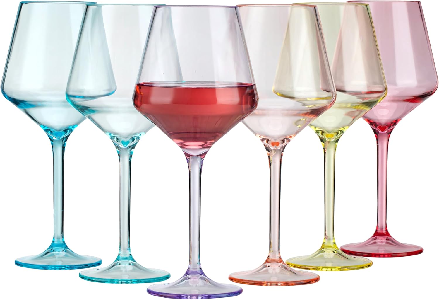 16-ounce Plastic Stem Wine Glasses, All Purpose Arcylic Glasses, set of 6 Multicolor Reusable Shatter-resistant Dishwasher Safe