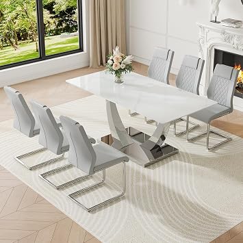 71" Dining Table Set for 6, White Dining Room Table Set with 6 PU Leather Chairs, Rectangular Faux Marble Kitchen Table Set for 6 with Tempered Glass Top and Silver Chrome Base