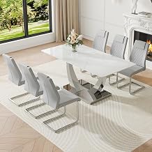 71" Dining Table Set for 6, White Dining Room Table Set with 6 PU Leather Chairs, Rectangular Faux Marble Kitchen Table Set for 6 with Tempered Glass Top and Silver Chrome Base
