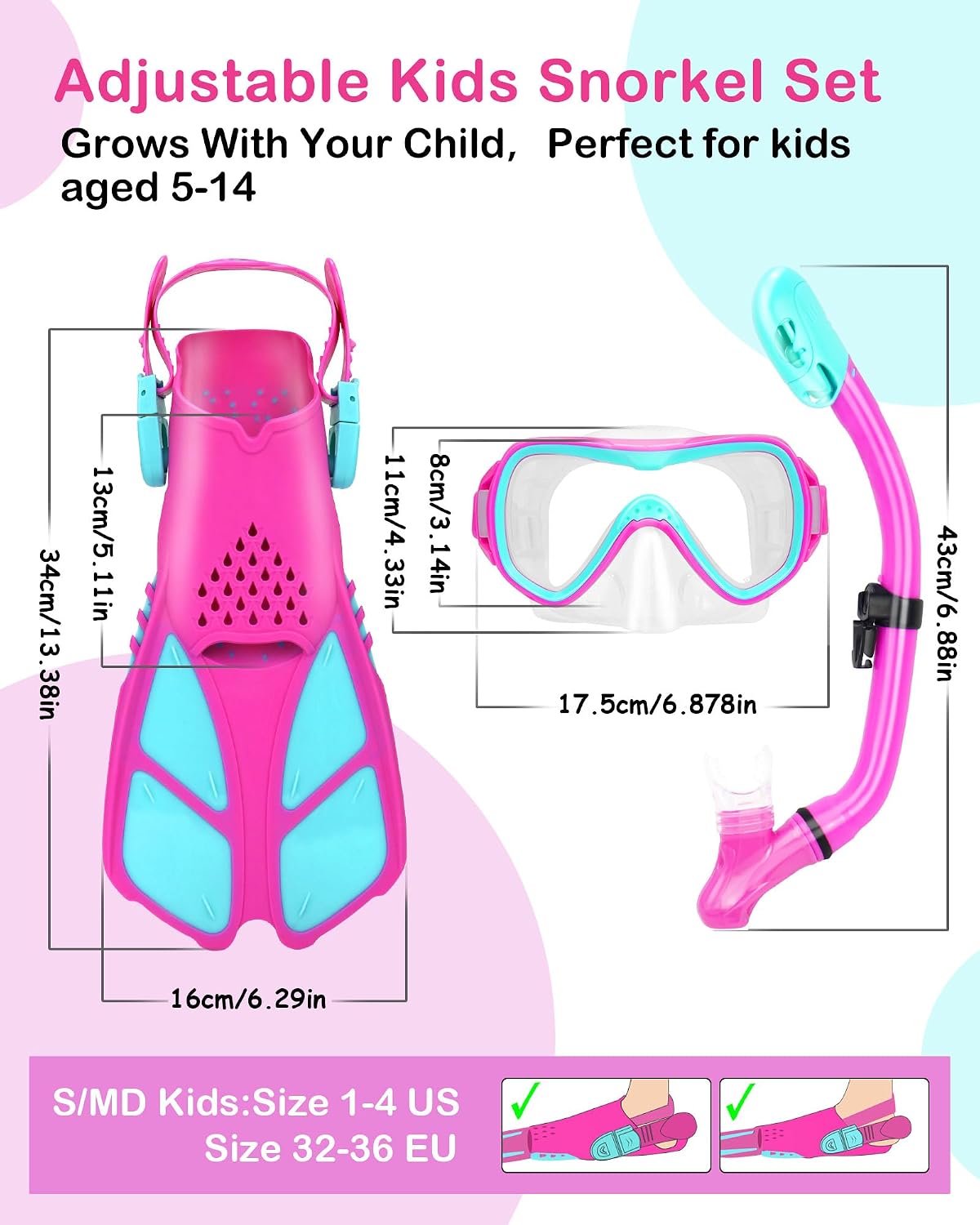 Kids Snorkel Set Mask Fins-Panoramic Snorkel Mask+Dry Top Snorkel+Adjustable Swim Fins+Mesh Bag+Earplugs for Boys Girls, Junior Snorkeling Gear for Kids Ages 5-14