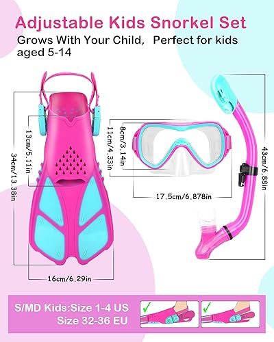 Miniatura 6 de Juego de esnórquel para niños, aletas de máscara de esnórquel panorámica+snorkel superior seco, aletas de natación ajustables, bolsa de malla,