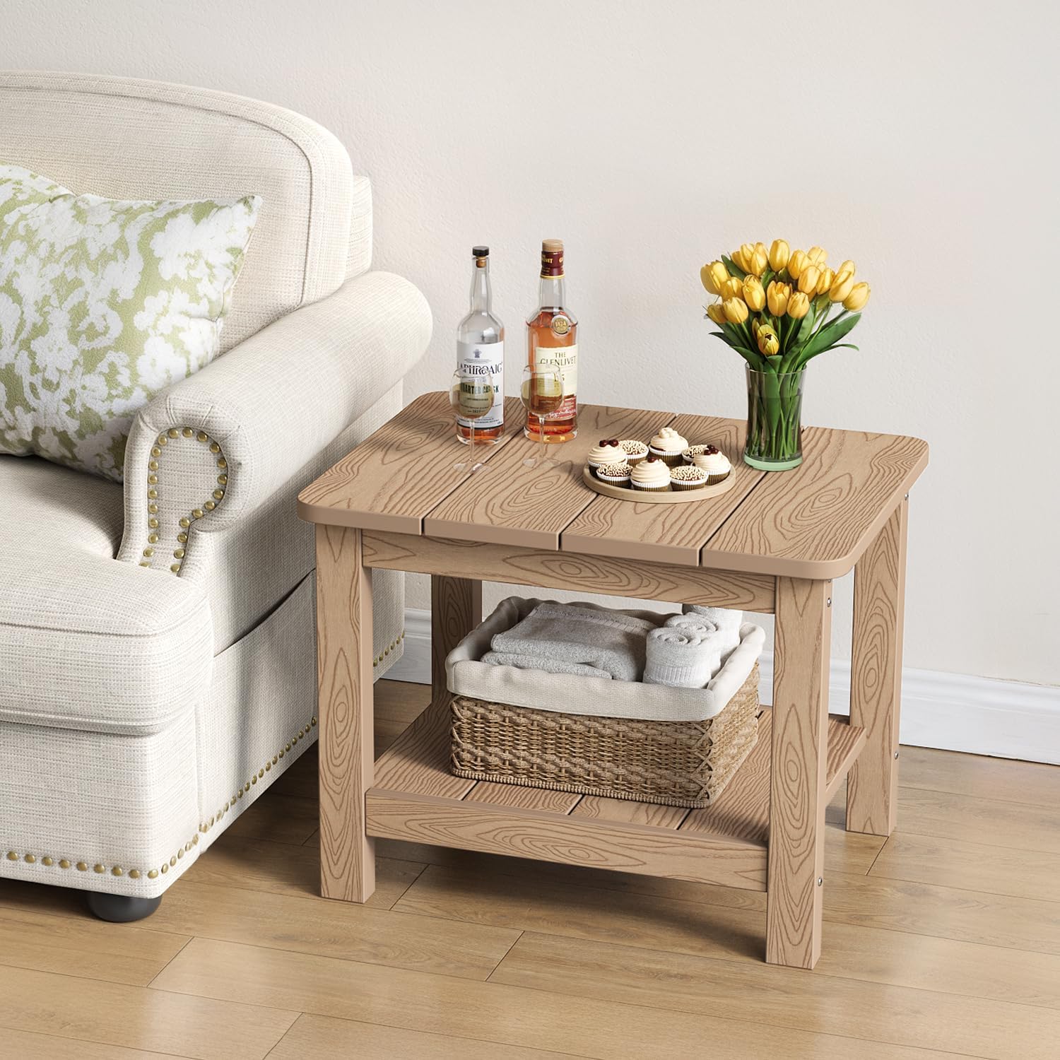 18" Outdoor Side Table, 2-Tier Patio Side Table, Weather Resistant, Easy Assembled, HIPS Adirondack Side Table for Backyard, Pool, Indoor, Teak