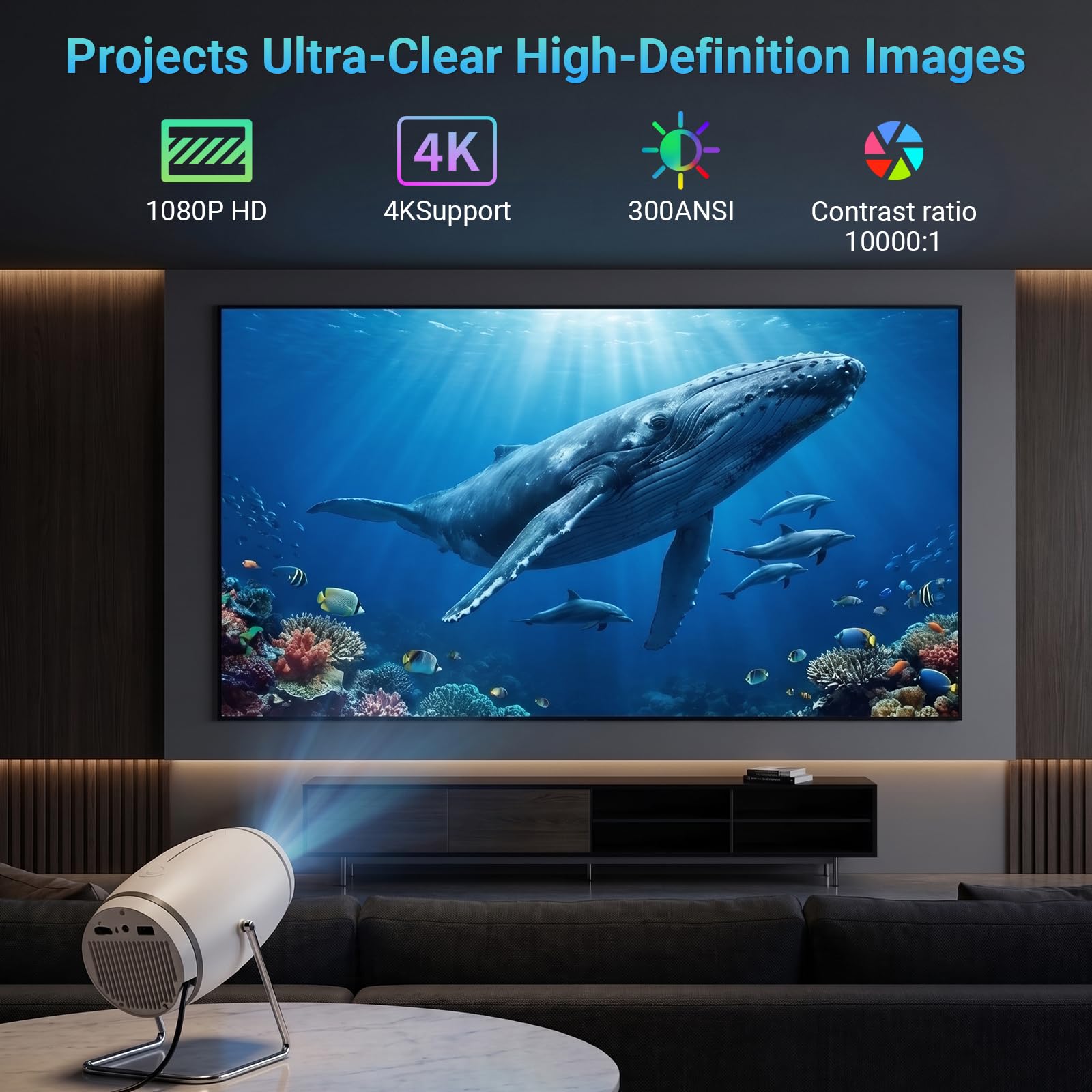 【Built-in APPS】Mini Projector With Wifi And Bluetooth, 1080P 4K Support Portable Projector, Movie Projector for Bedroom, Compatible with Smartphones/TV Stick/iPad/PS5/Laptop/HDMI/USB view 3