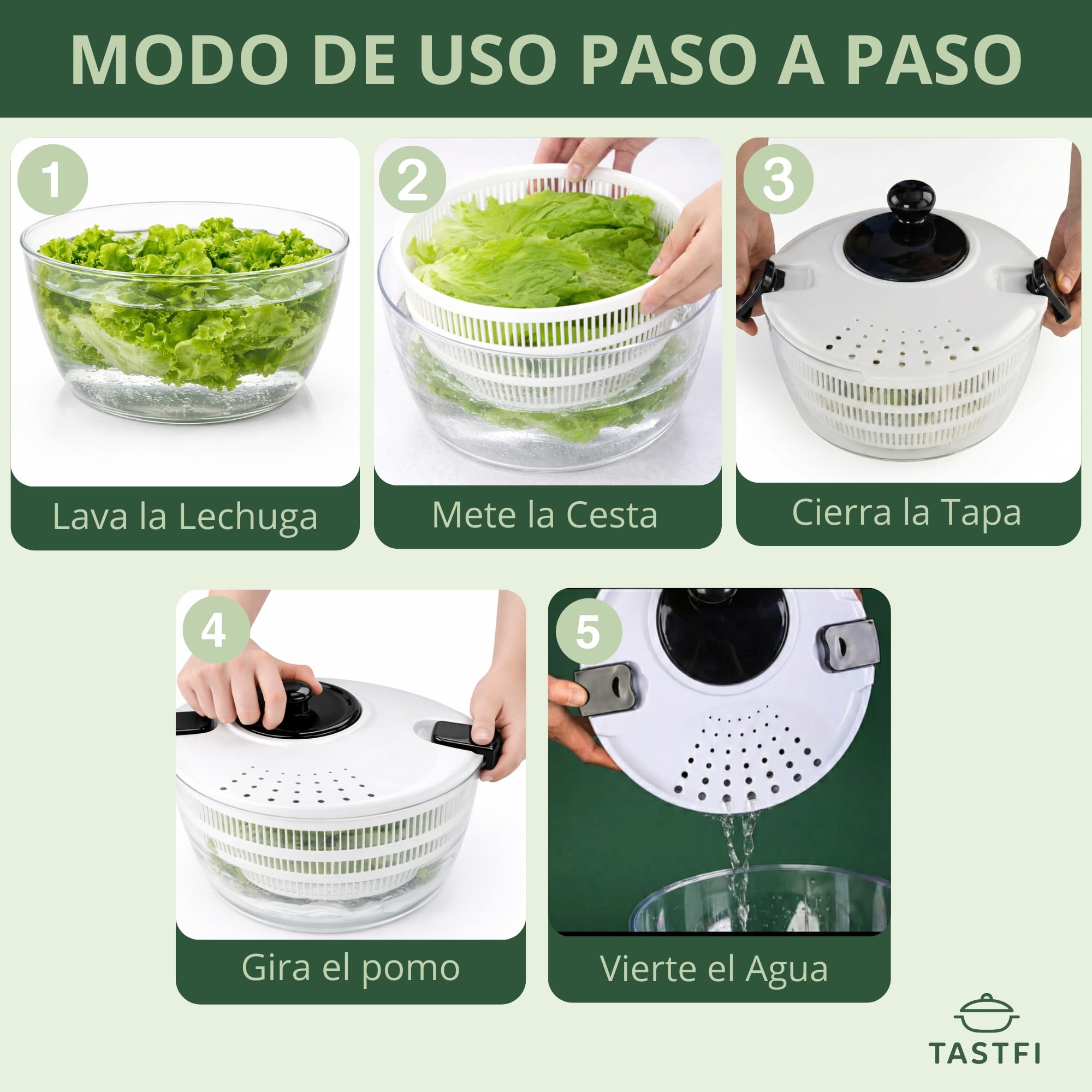 TASTFI - Centrifugadora de Lechuga 5L,Escurridor de Ensalada con Base Antideslizante, Secador de Lechuga BPA Free con Colador y Bol, Incluye Tapa con Cortador de Verduras y 6 Cuchillas Intercambiables — view 3