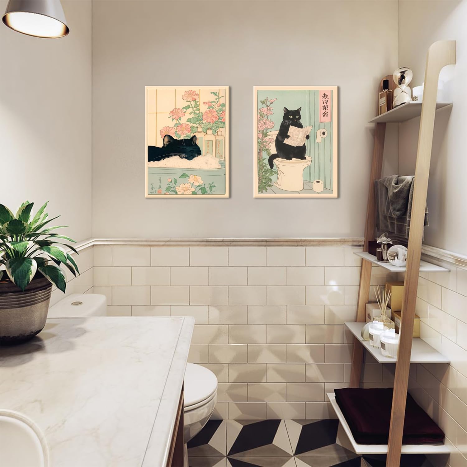 Funny Bathroom Wall Art Set of 3, Japanese Cute Black Cat Wall Decor Paintings, Rustic Animal Pictures Canvas Prints Home Decor for Bathroom Toilet, 12x16 inch Framed - Image 6