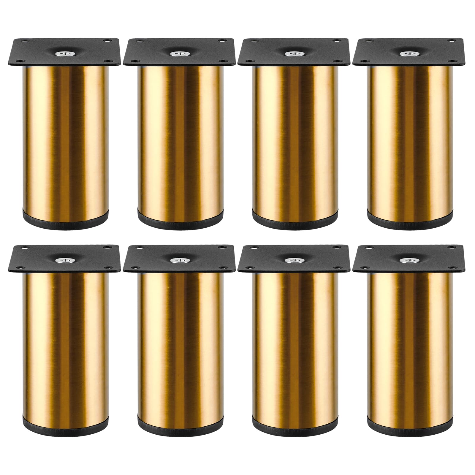 YAYODS Set di 8 piedini per mobili dorati da 10 cm, robuste gambe per mobili in metallo, regolabili in altezza + 10 mm, piedini resistenti per comò, divano, tavolino da caffè e mobile TV, viti incluse