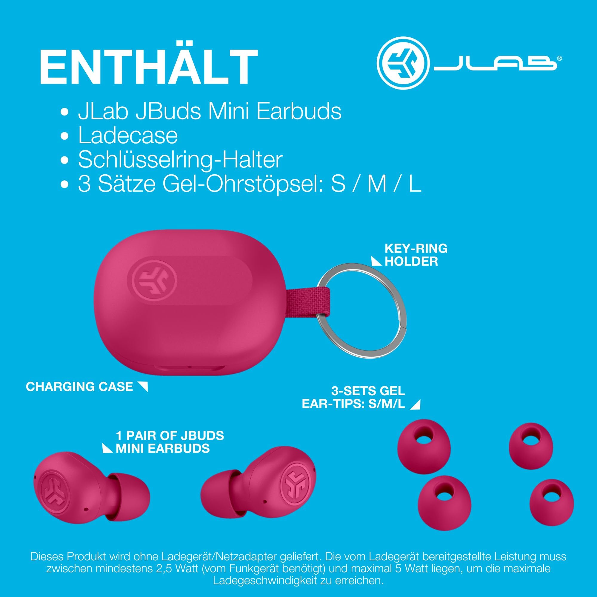 JLab JBuds Mini In Ear Kopfhörer kabellos Bluetooth, True Wireless Kopfhörer, 20+ Std Headphones, kabellose Ohrhörer, Earbuds mit Mikrofon, Ladebox, Dual Connect, EQ3 Sound, Rosa