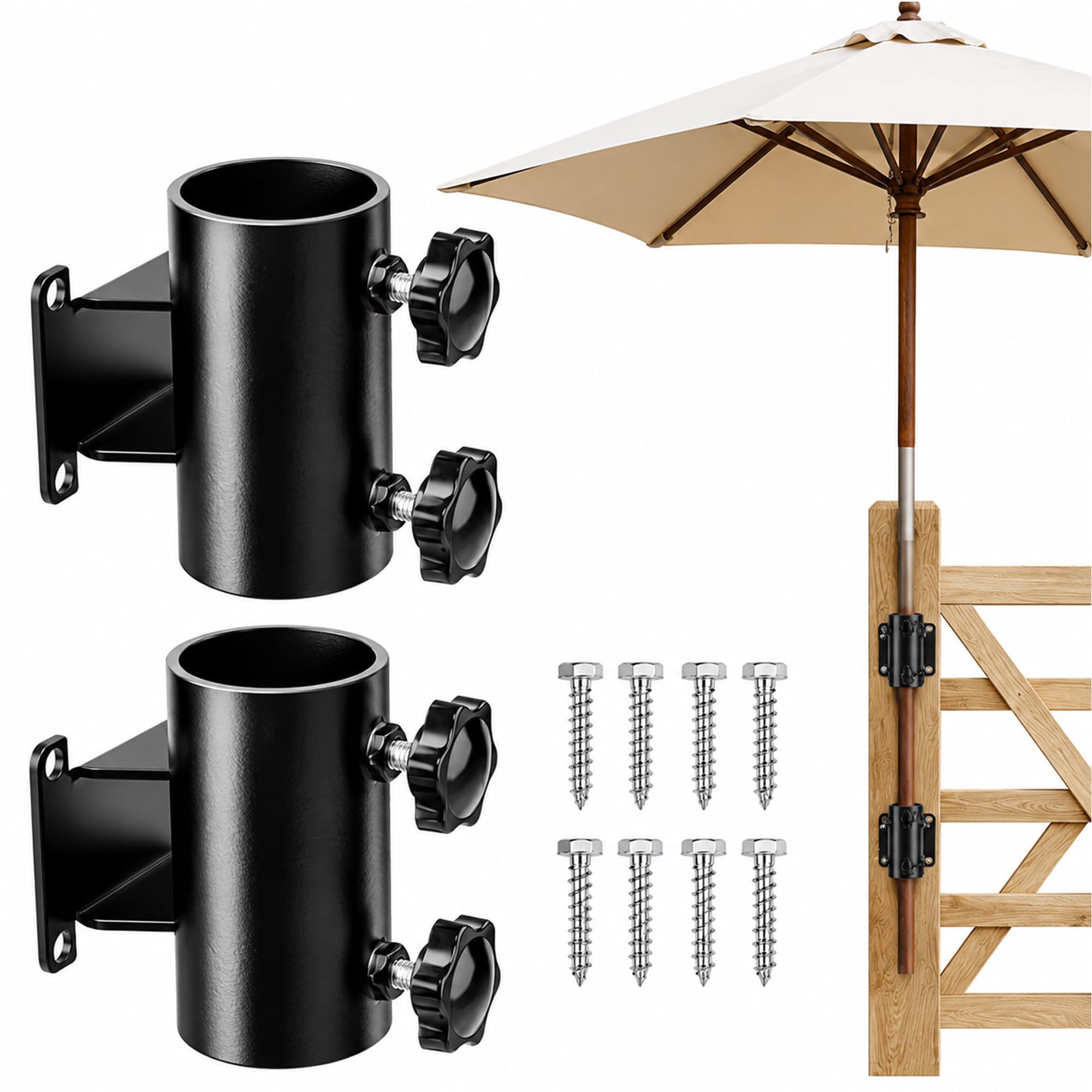 Ompinda Parasol Clamp for Balcony Railing, Heavy Duty Fence Umbrella Holder(Fits Umbrellas up to 2"), Adjustable Garden Parasol Bracket for Deck, Patio, Fence & Balcony Railings（2 pack）