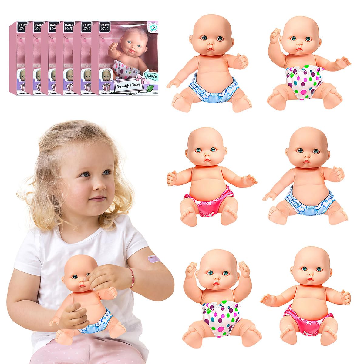 Xwin Mini Reborn Baby Dolls - 4 in (Pack of 6) Realistic Silicone Baby Doll with Moveable Joints, Waterproof Baby Doll Gift Set with Nappy Pants and Display Box Packaging
