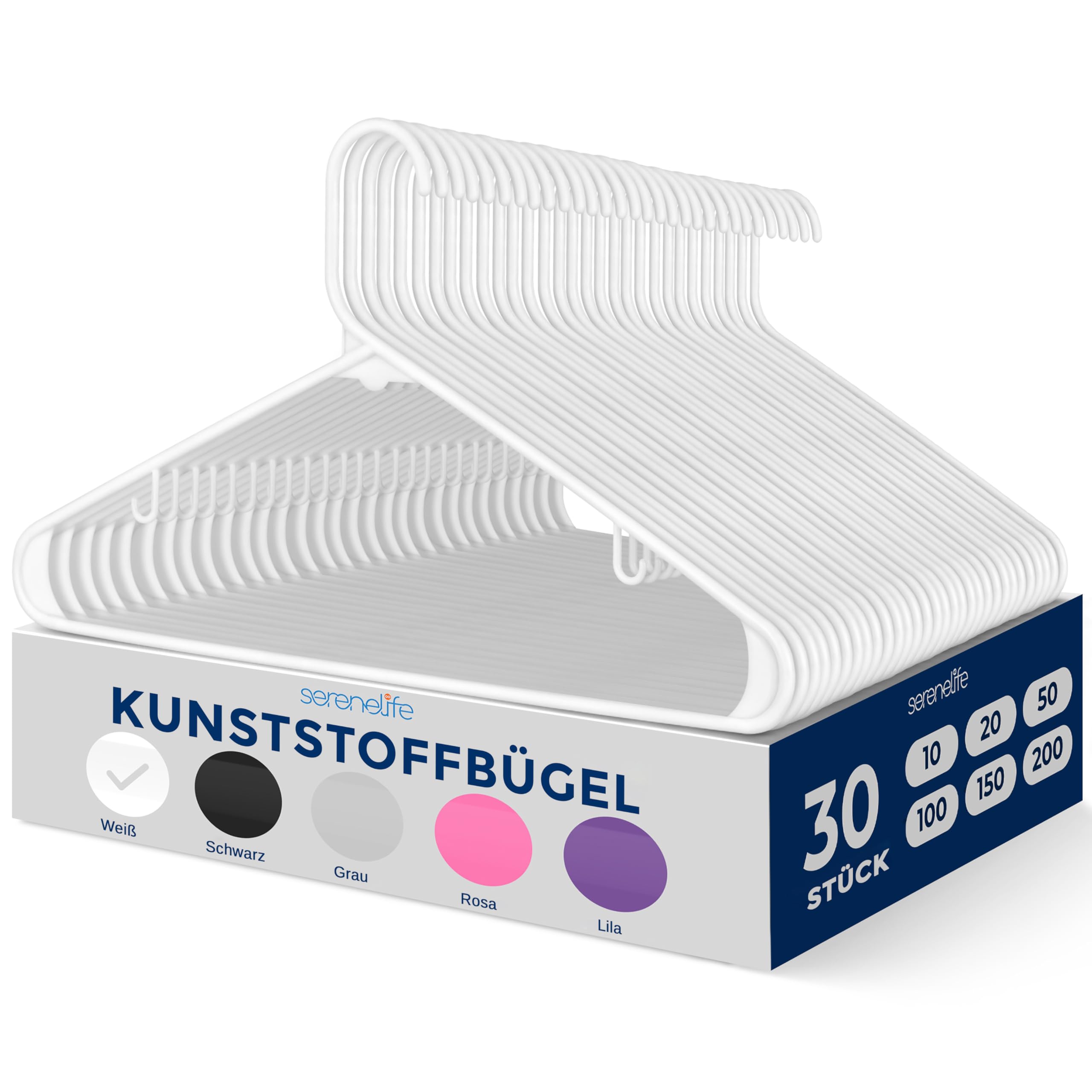 SereneLife 30er Set Kleiderbügel Kunststoff, Kleiderbügel Platzsparend weiß, Hangers rutschfest, 0.6cm dick, 42cm lang, Bügel für den Kleiderschrank & Garderobe, Ideal für Jacken, Hemden & Hosen