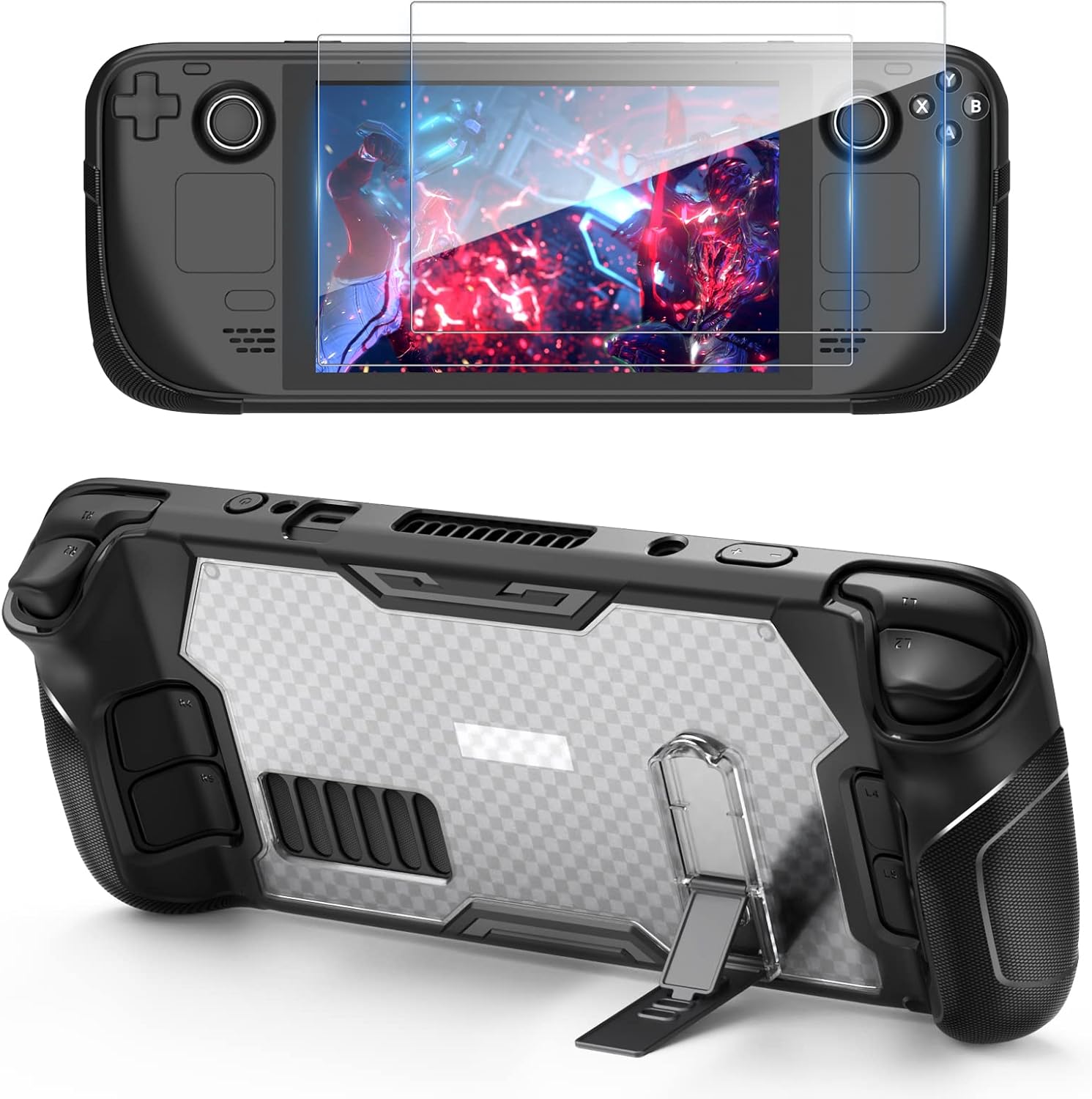 Protective Case for Steam Deck with Kickstand, GORIXER TPU Protector Cover Accessories with Stand & 2 Pack Screen Protector, Full Protection, Non-Slip, Anti-Collision for Steam Deck - Black