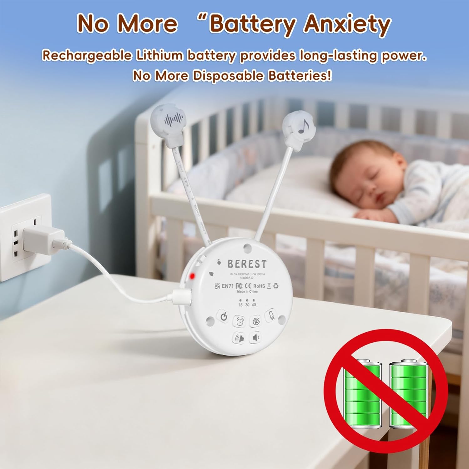 Image showing the BEREST A10 Music Box connected to a wall charger via a Type-C cable, with a red indicator light.