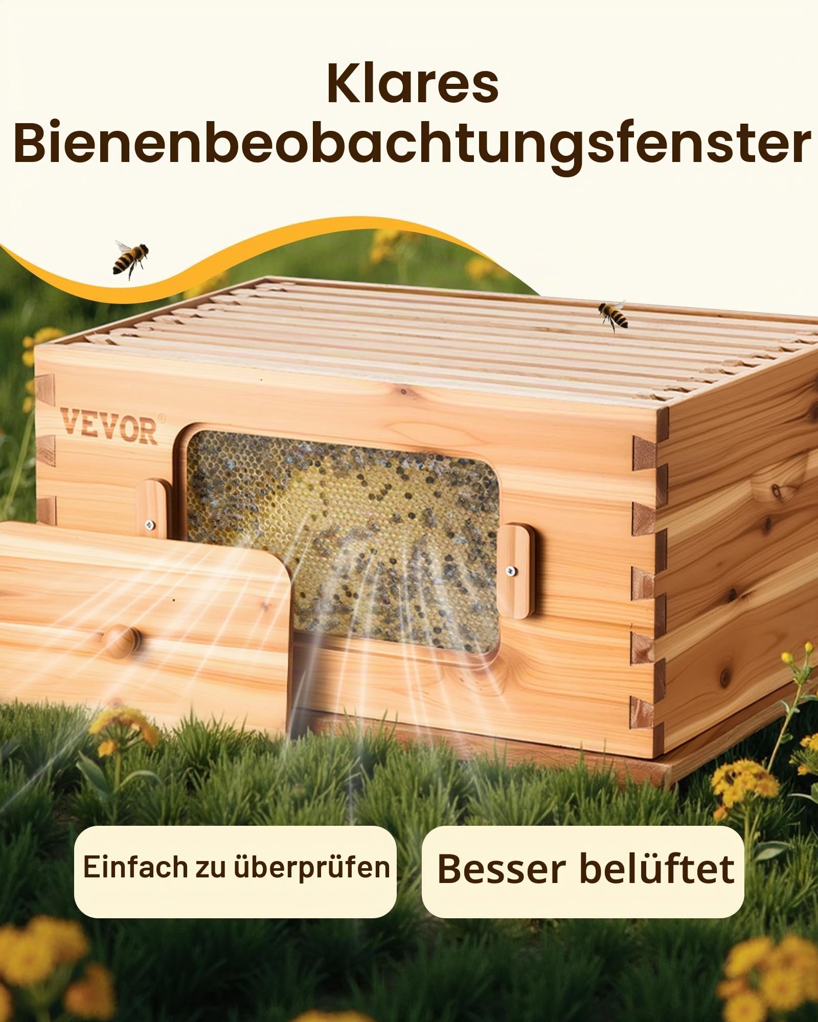 VEVOR Bienenstock, Zander Beute für 30 Rahmen, mit Bienenwachs beschichtetes Tannenholz, 2 Tiefe + 1 mittelgroßer Bienenkasten, Langstroth-Bienenstock-Set, transparente Acrylfenster mit Fundamenten
