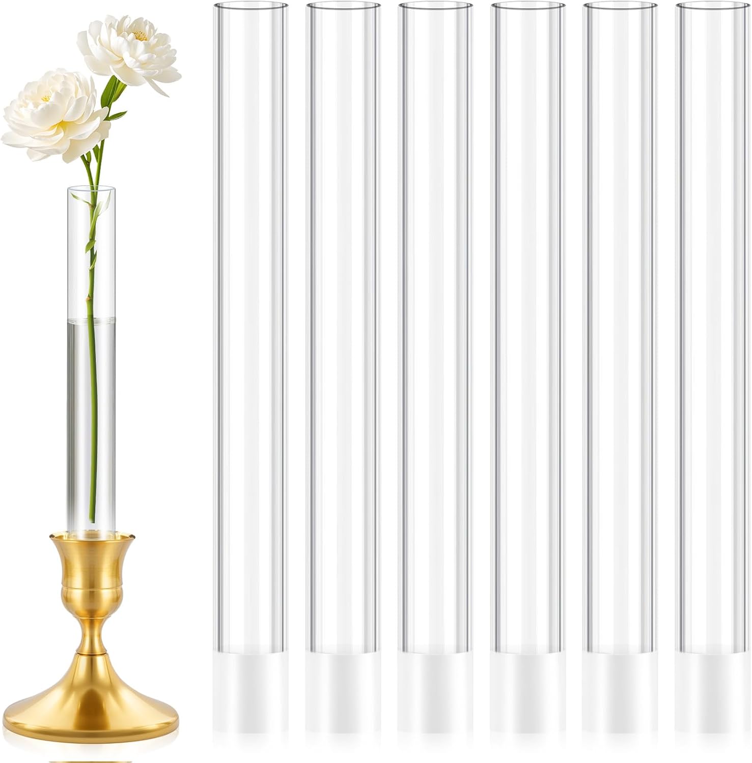6 Pack 7.9” Acrylic Bud Vase — Cylinder Bud Vase for Taper Candlesticks, Flower Vase with Silicon Rubber Case Fits Candlestick Size 20-22mm, Perfect for Tablescapes, Weddings & Home Decor