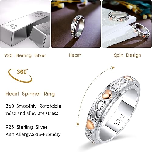Miniatura 10 de BELLNA Anillo de plata de ley para aliviar la ansiedad anillos giratorios de rosa y amor anillo para TDAH autismo alivio del estrés para mujeres