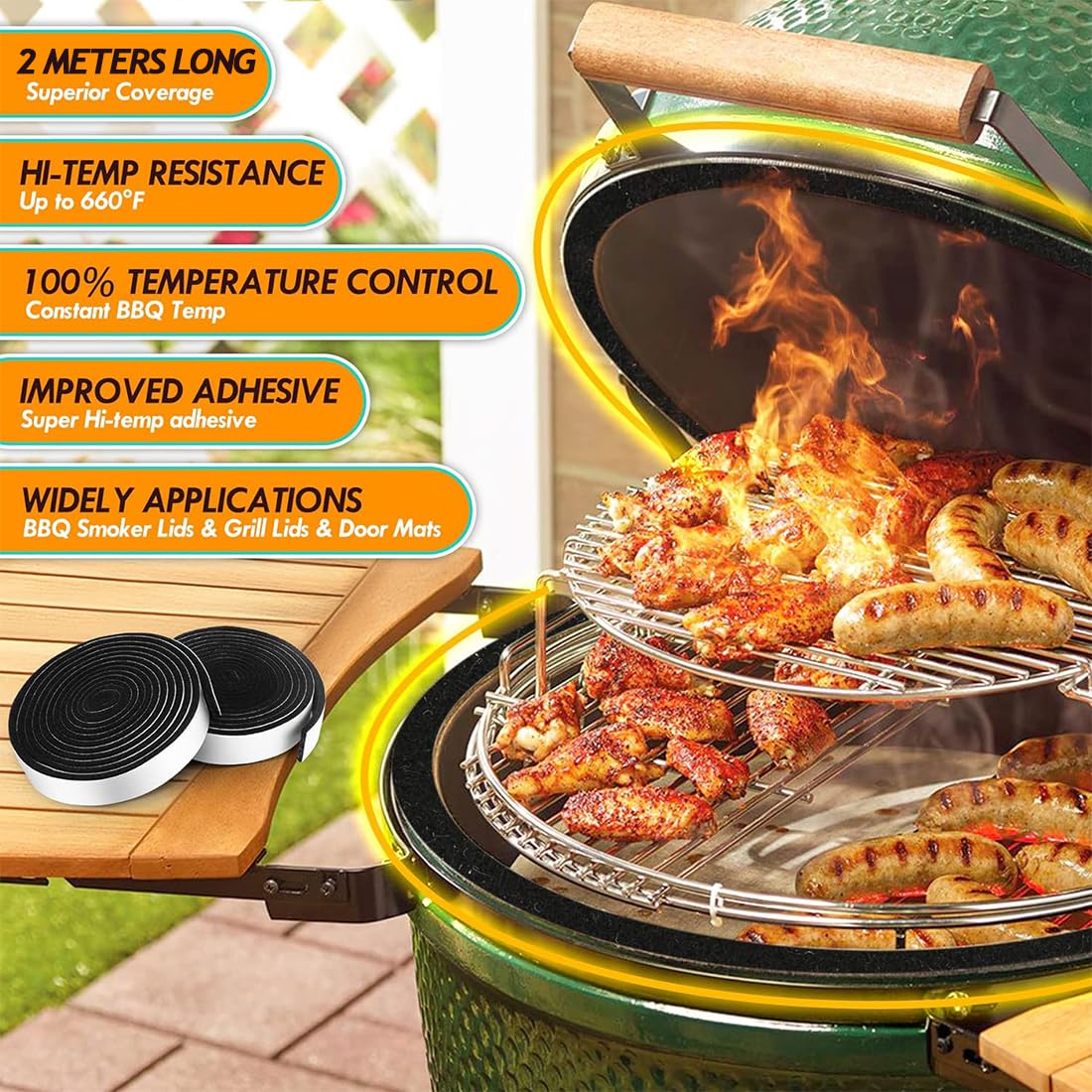 Guarnizione Termica per forni e stufe, Guarnizione Forno, autoadesiva, Lunghezza 2 Metri, Spessore 3 mm, per affumicatori e Barbecue, Resistente al Calore, per la finestrella del Forno