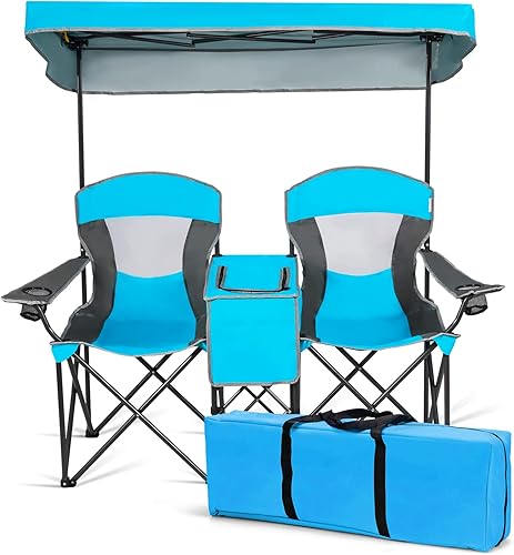 DORTALA Sillas plegables de doble sombra, sillas de 2 personas para exteriores con toldo protector solar, soporte de mesa para bebidas y bolsa de