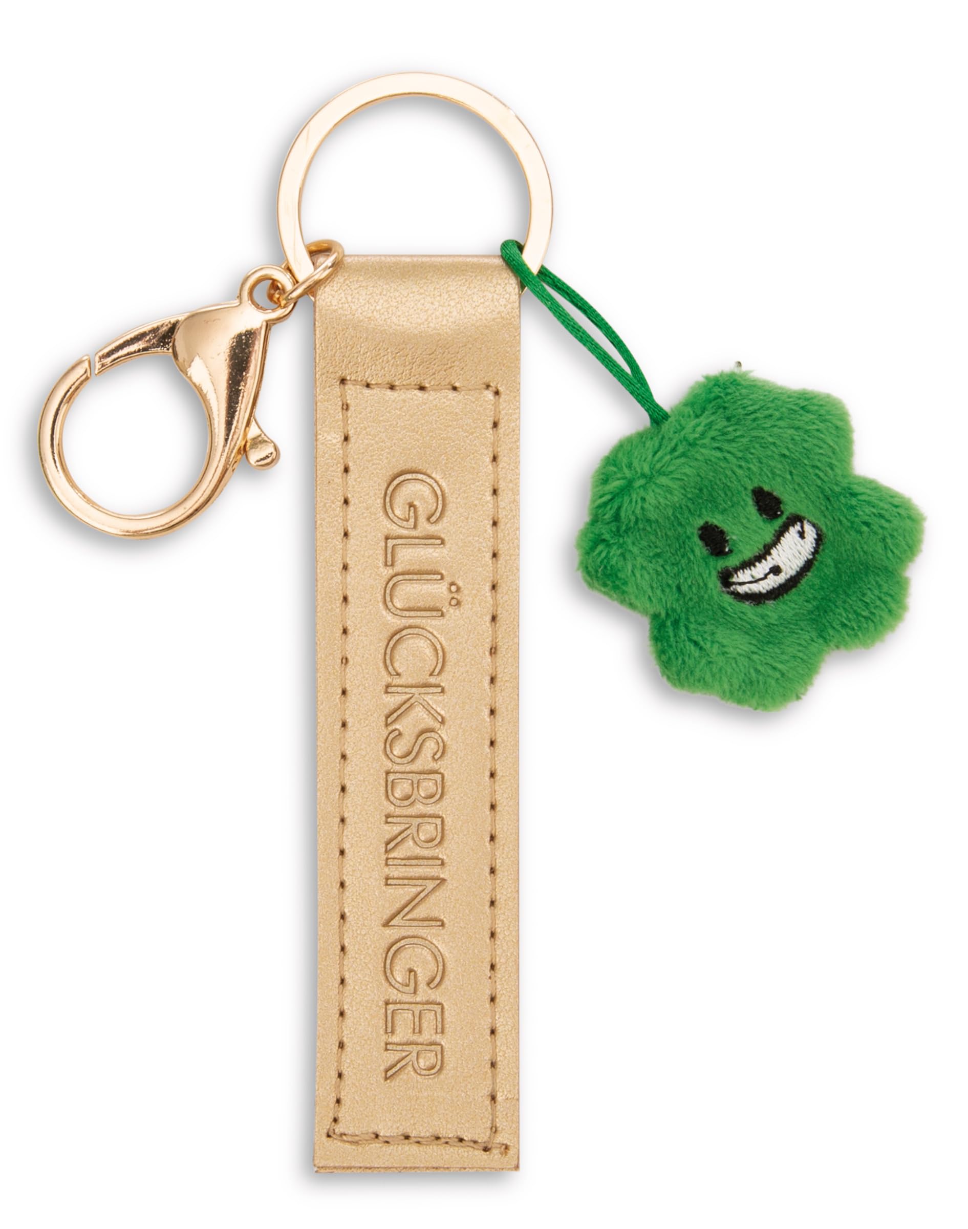 NICI Lucky Charm Keyring Faux Leather Cord Gold 10 cm with Clover Leaf