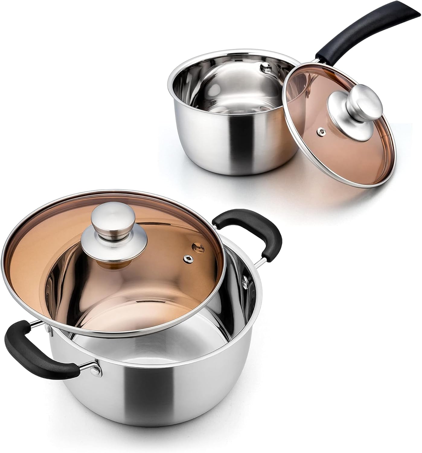 E-far 1 Quart Saucepan and 4 Quart Stock Pot, Stainless Steel Metal Soup Pot with Glass Lid for Cooking, Healthy & Rust Free, Heavy Duty & Dishwasher Safe