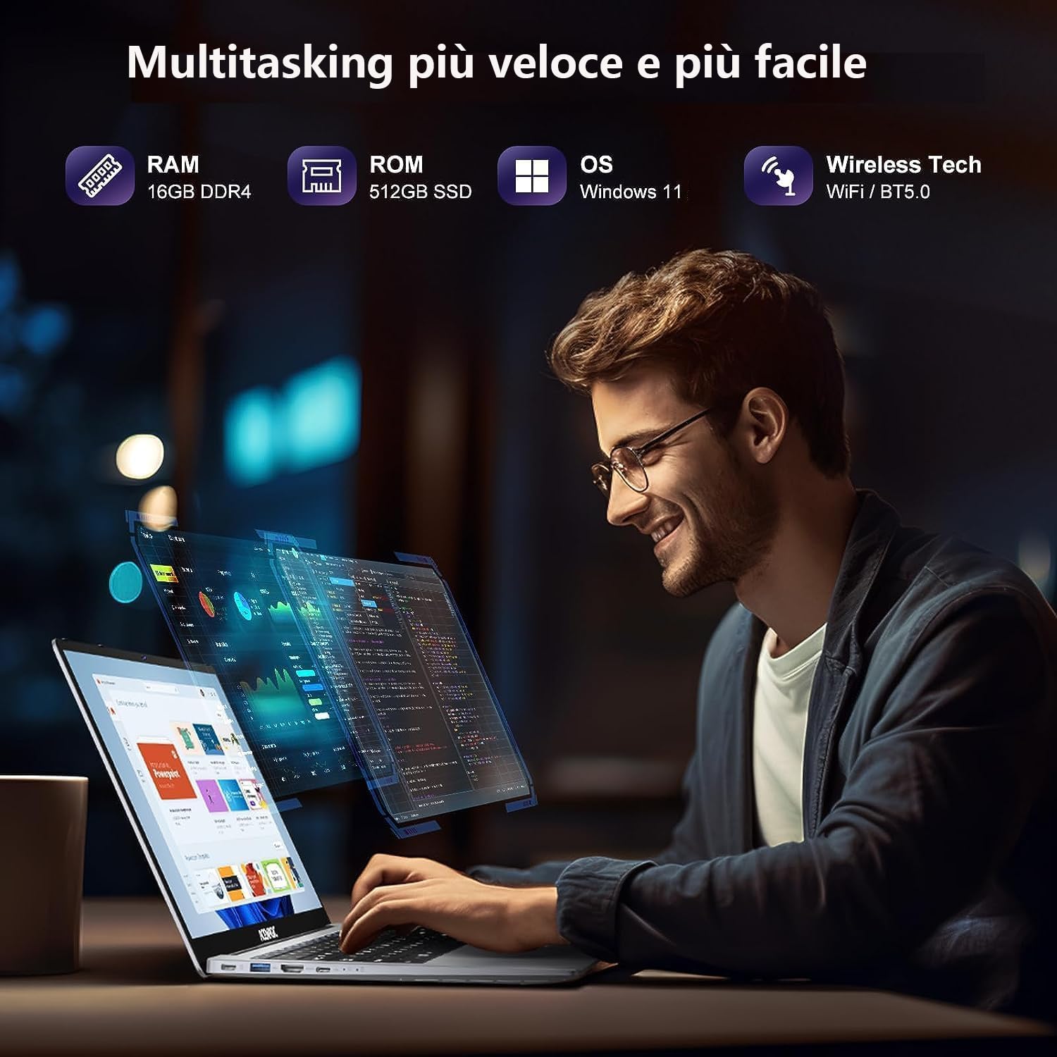 ACEMAGIC PC Portatile,16GB DDR4 512GB SSD,In-tel N97(Fino a 3,6GHz),16 Pollici Notebook,1920 * 1200 IPS Full HD Portatile,Scocca in metallo,WiFi6,BT5.0,3*USB3.2,HDMI,tipo C Ufficio