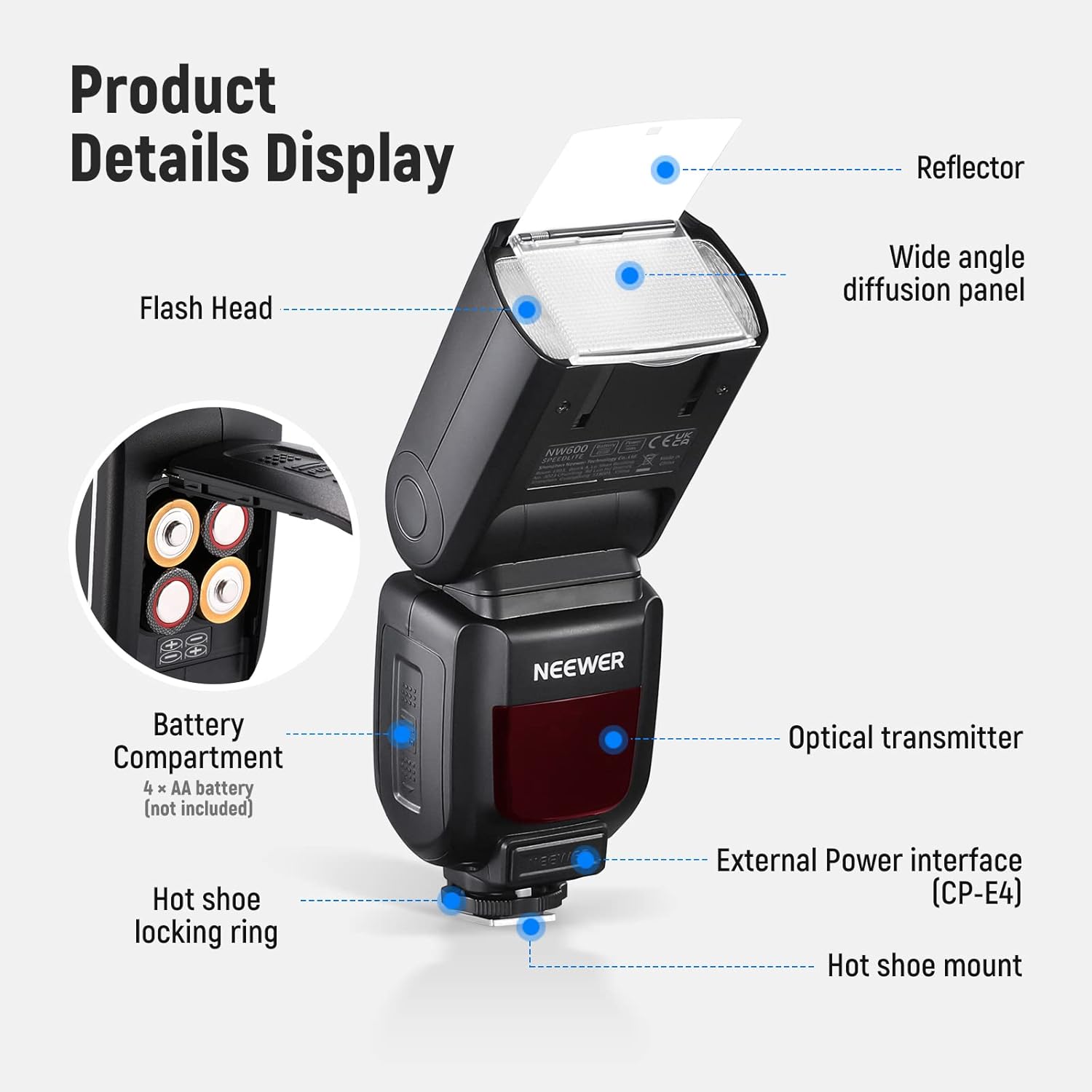 Diagram of NEEWER NW600 Flash Speedlite with labeled parts