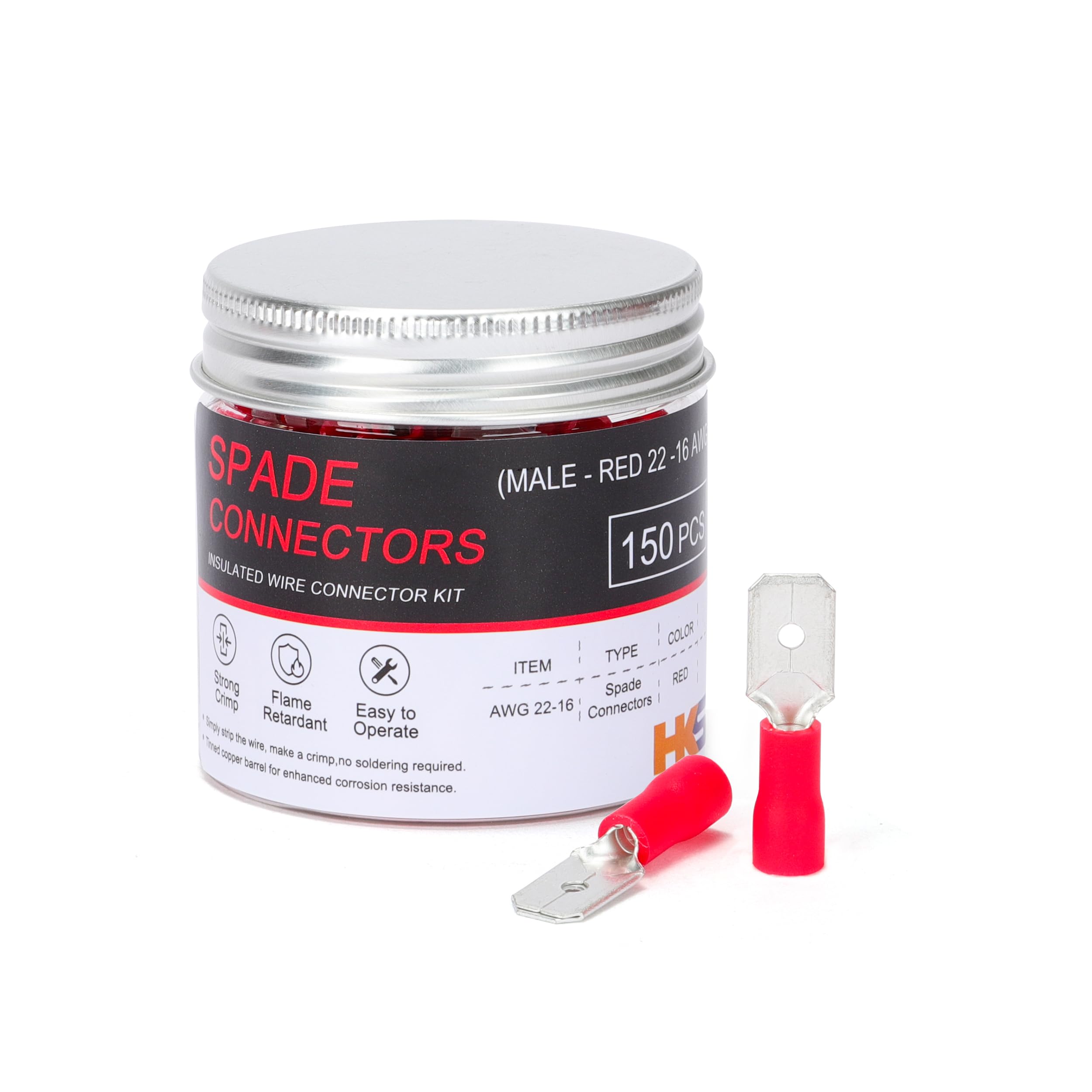 HKS 150PCS Male Vinyl Insulated Spade Connector Red 22-16 - 6.3mm 1/4" Electrical Quick Disconnect Wire Connectors Kit - Tinned Copper PVC Terminals