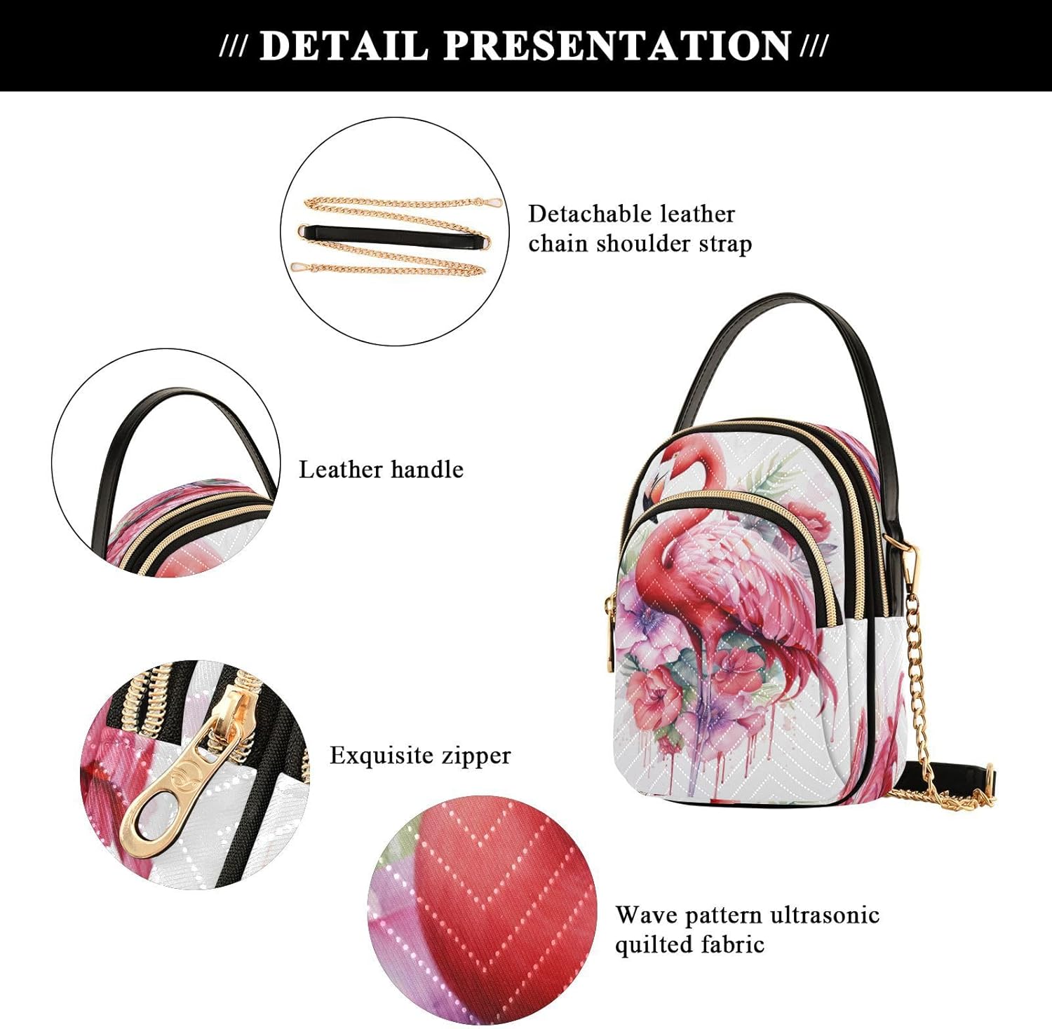 ALAZA Quilted Crossbody Bags for Women,Pink Flamingo Flowers Women's Crossbody Handbags Small Travel Purses Phone Bag