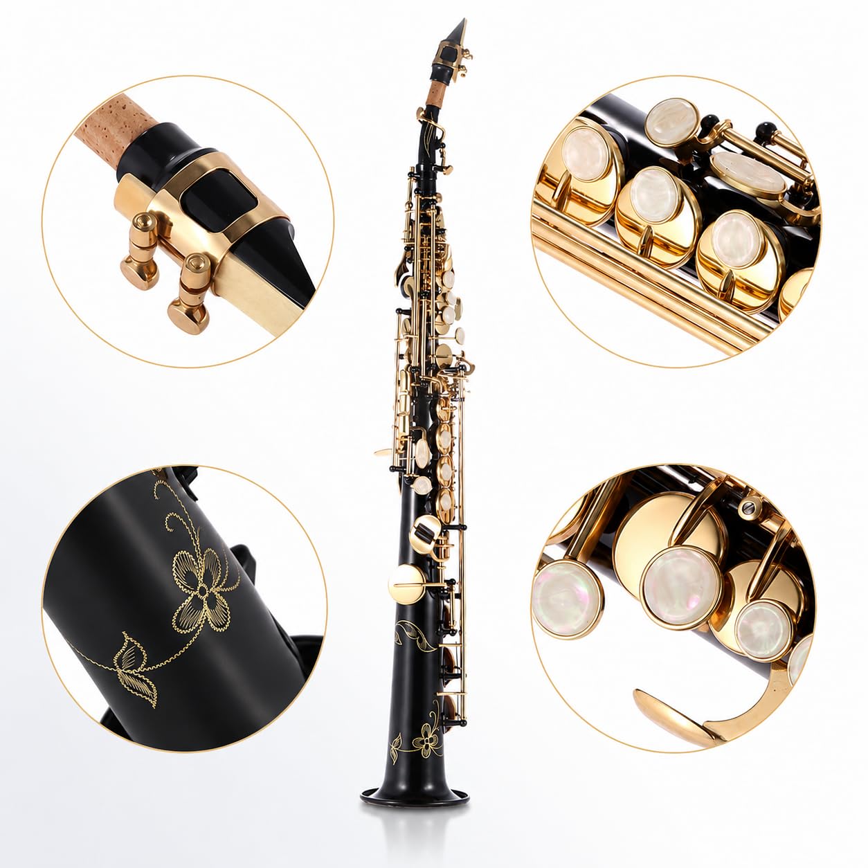 Saxofón soprano recto Bb, instrumento de viento de madera de latón con llaves de concha natural, patrón tallado, funda de transporte, correa y kit de limpieza