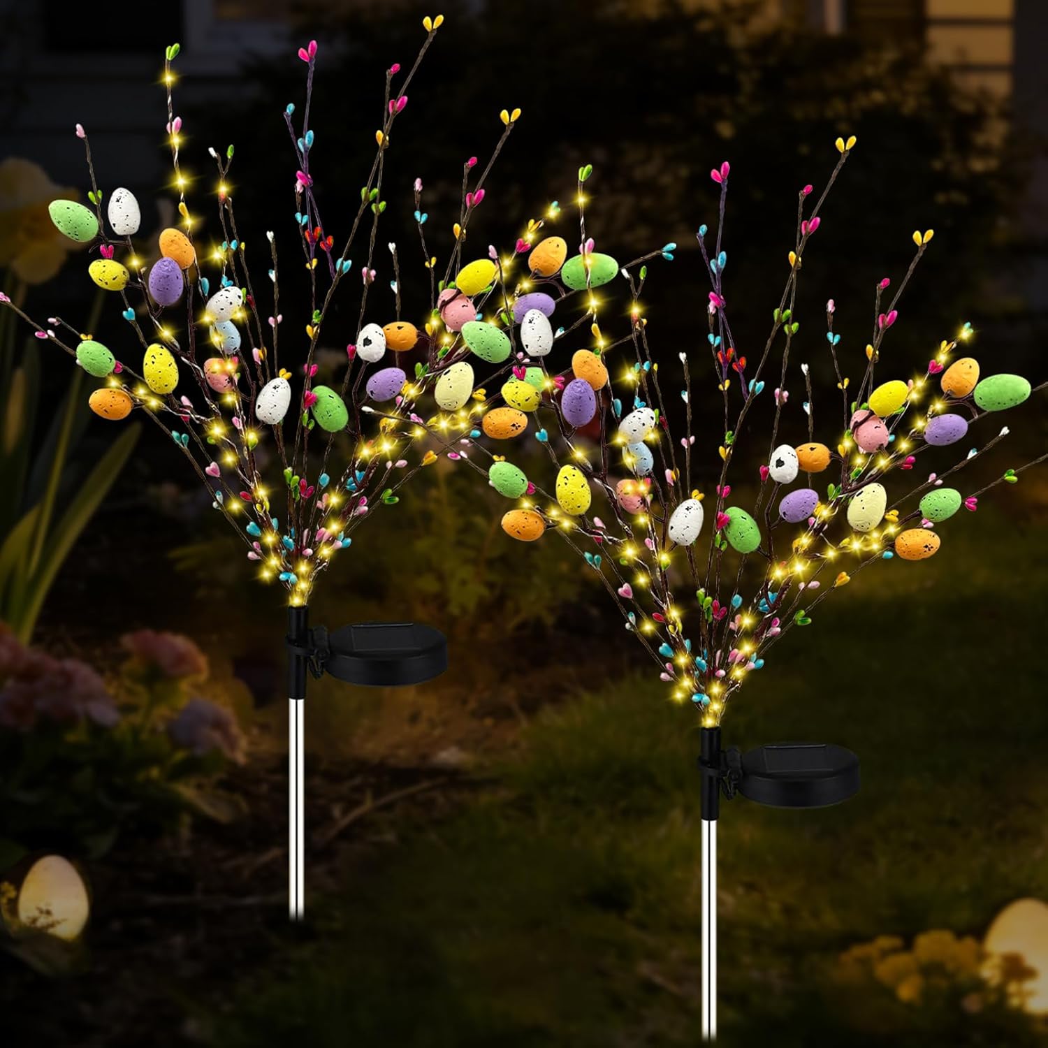 2 Pack Solar Easter Egg Lights Outdoor, 96 LED Waterproof Solar Easter Yard Decorations Outdoor Easters Yard Stakes Lights with 2 Lighting Modes for Outside Lawn Walkway Patio Cemetery Grave