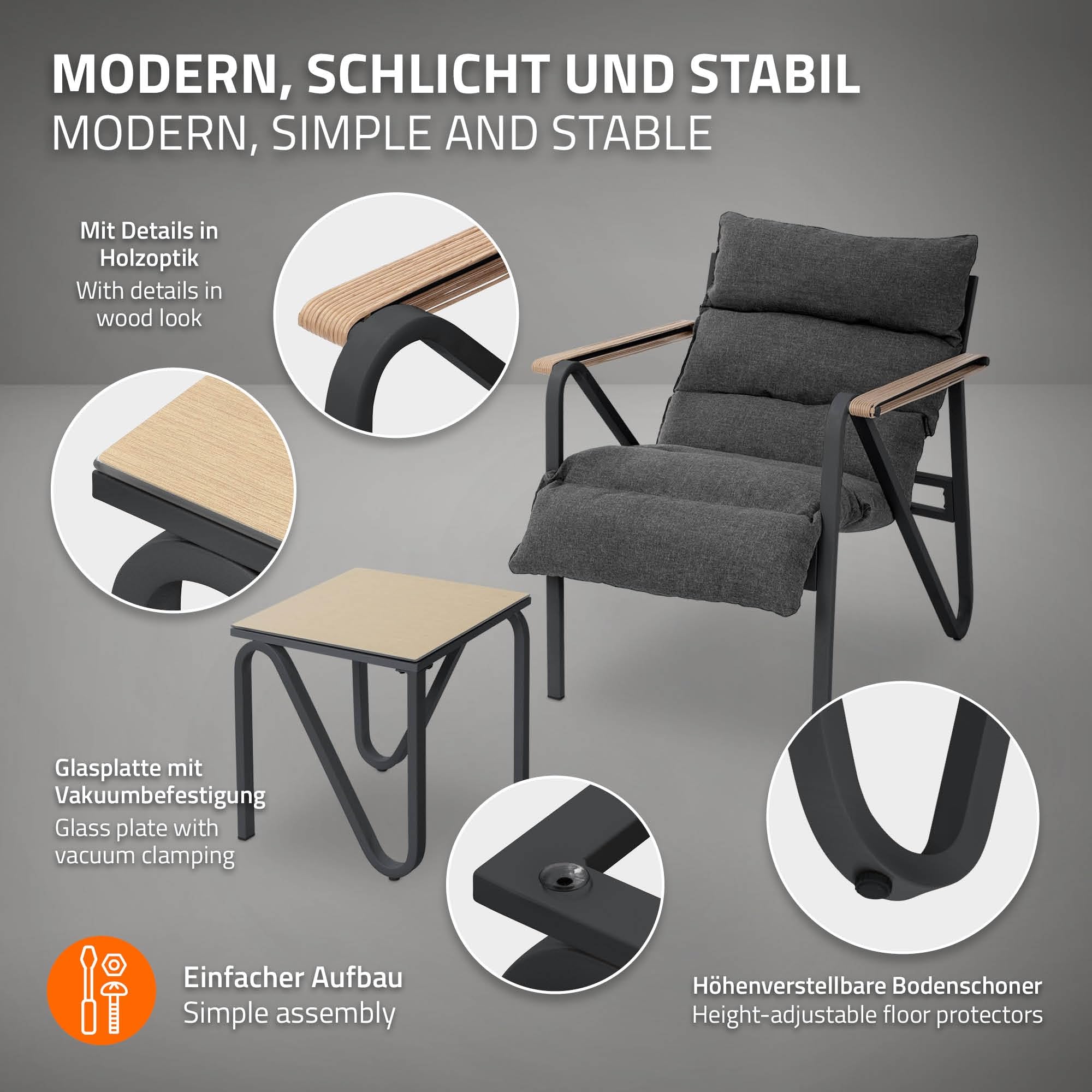 ML-Design Set Mobili da Giardino 3 Pezzi, Set Bistrot da Esterno in Acciaio, Grigio - Antracite, Include 2 Sedie con Cuscini e 1 Tavolo, Set Lounge per Terrazza e Balcone, Resistente alle Intemperie